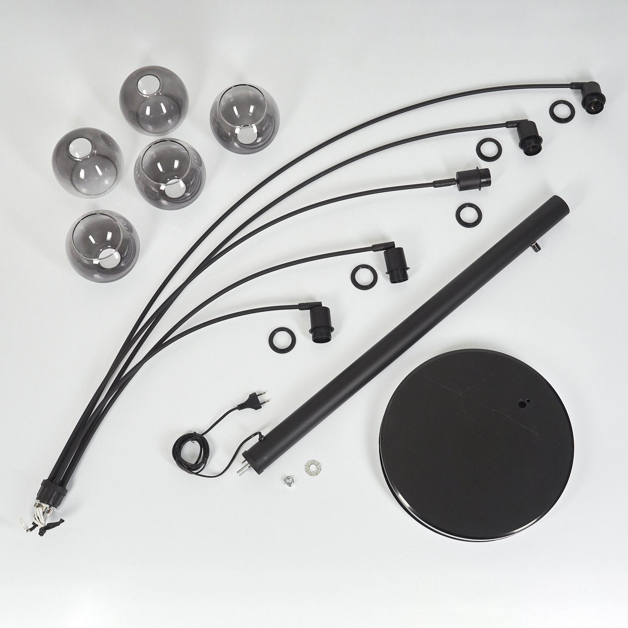 hofstein Bogenlampe Stehlampe aus Metall/Glas in Schwarz/Rauchglas/Klar, ohne Leuchtmittel, verstellbare Schirme, An-/Ausschalter am Gehäuse, 5x E27 – Bild 5 von 5