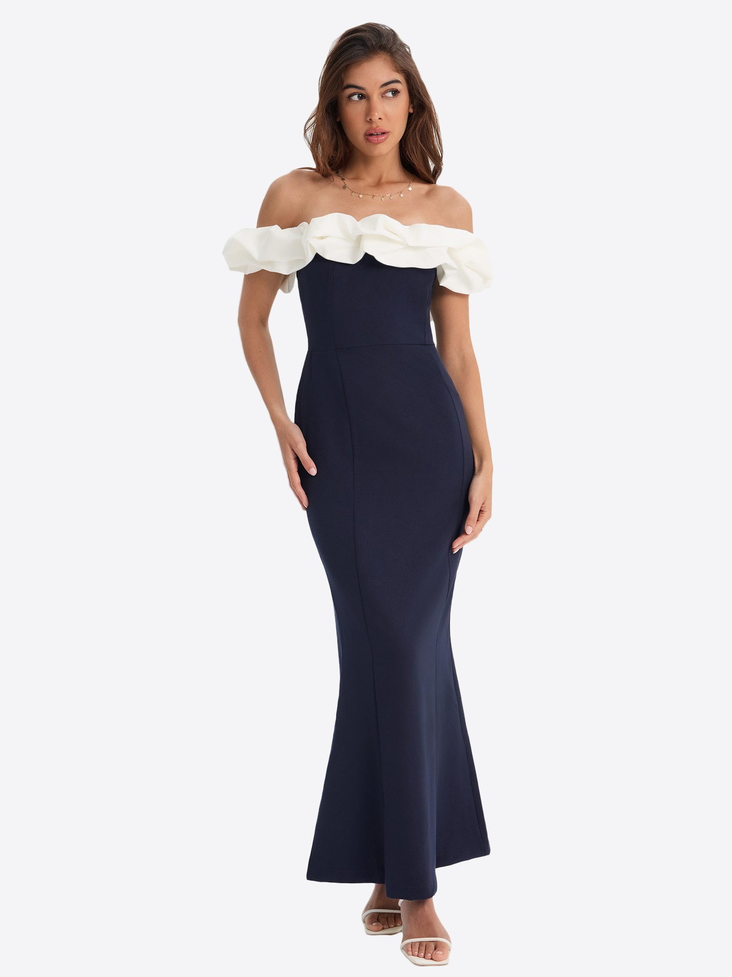 Imily Bela Maxikleid Damen Off-Shoulder Mermaid mit Rüschen Elegant Abendkleid (Packung, 1-tlg., 1per-Pack) mit voluminöser weißer Rüschen