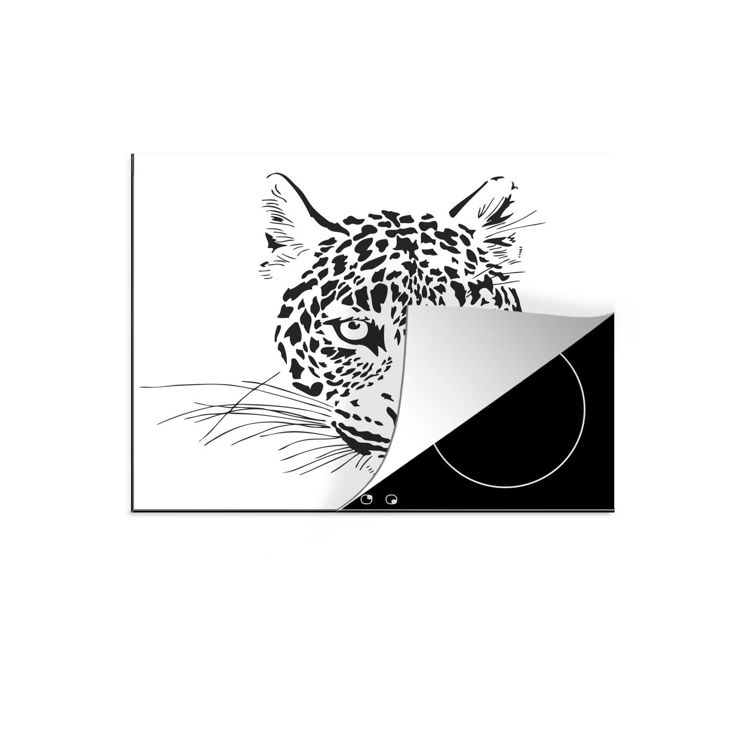 MuchoWow Herdblende-/Abdeckplatte Eine Illustration des Kopfes eines Leoparden, Vinyl, (1 tlg), 60x52 cm, Mobile Arbeitsfläche nutzbar, Ceranfeldabdeckung