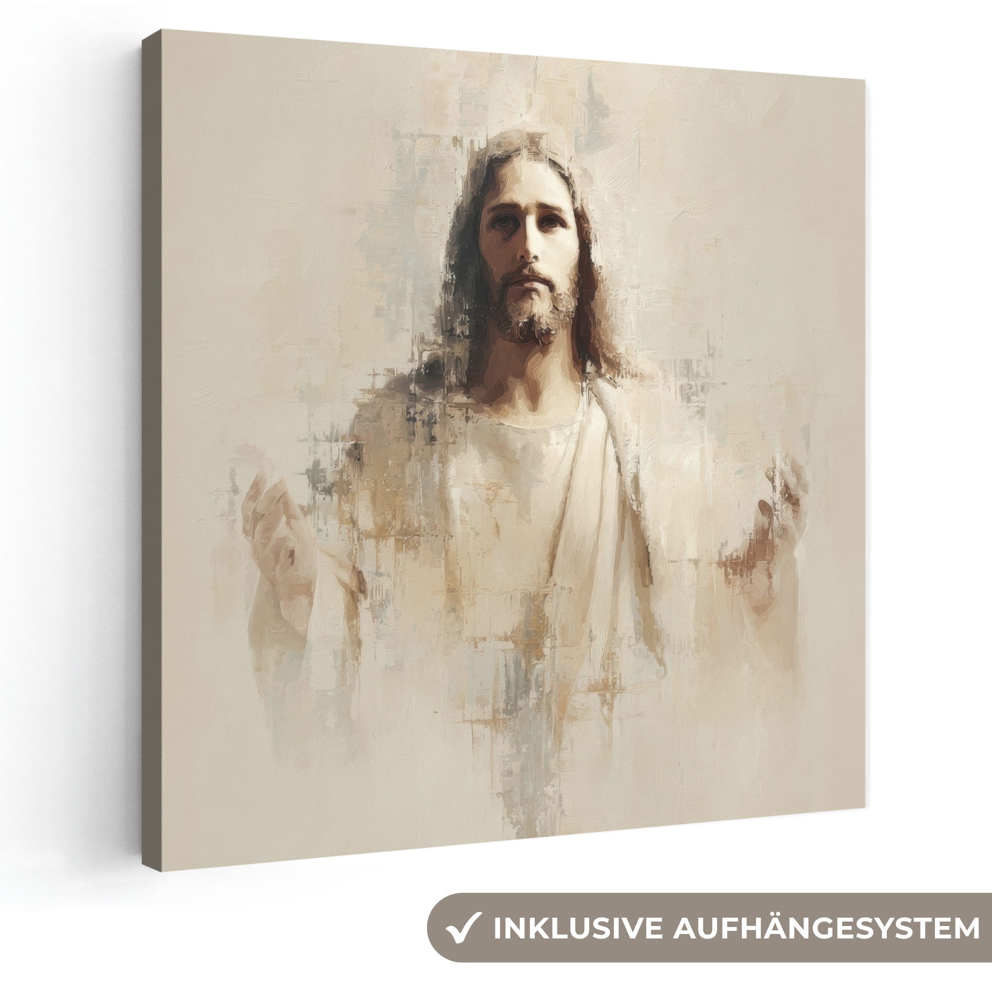 OneMillionCanvasses® Leinwandbild Porträt - Abstrakt - Jesus - Beige, Fotodruck (1 St), Wandbild, Deko Schlafzimmer Wohnzimmer Flur 20x20 cm