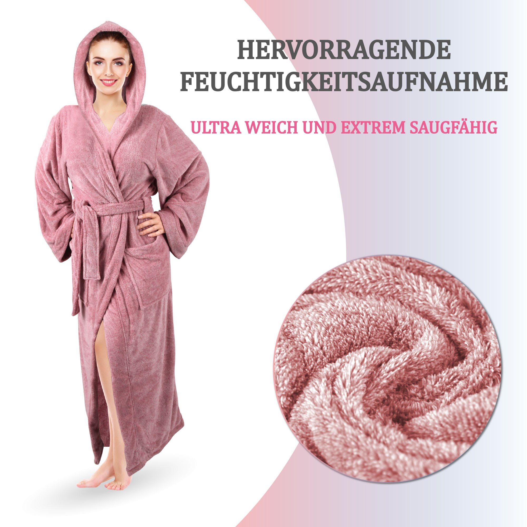 Bestlivings Damenbademantel Hausmantel Cozy, extra lang, Kuschelig, Kapuze, Gürtel, Bademantel mit Kapuze, weich flauschig saugstark für Sauna und Spa