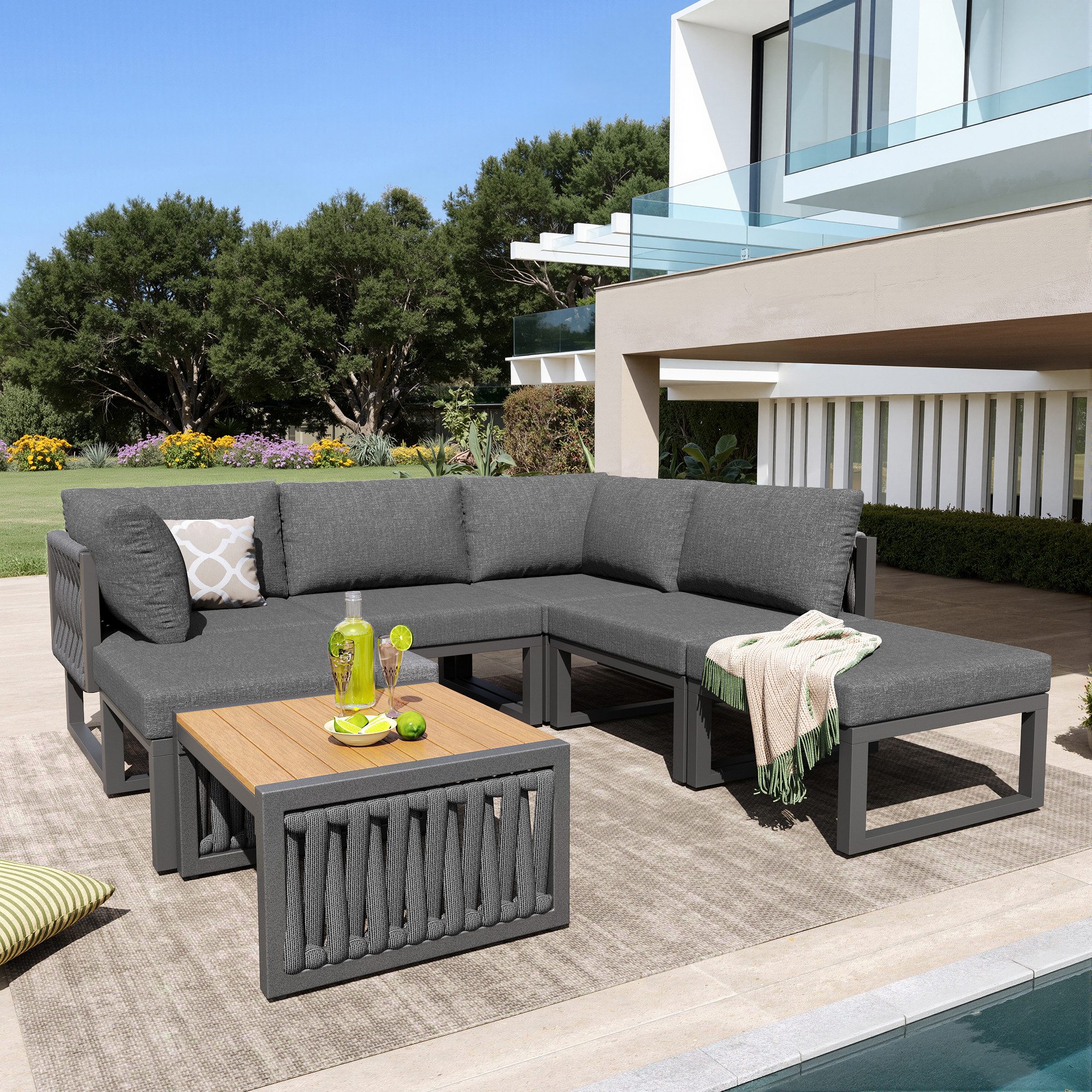 i@home Gartenlounge-Set, (7-tlg), für 6 Personen, Hochwertigen Kissen, Verstellbarer Rückenlehnenwinkel