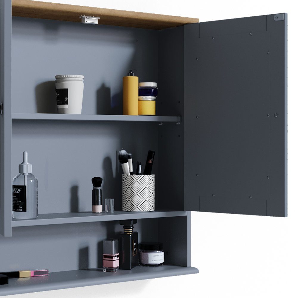 Vicco Badezimmerspiegelschrank Spiegelschrank Badspiegel Türen Grau 58x56cm 2 BIACNO Ablage mit