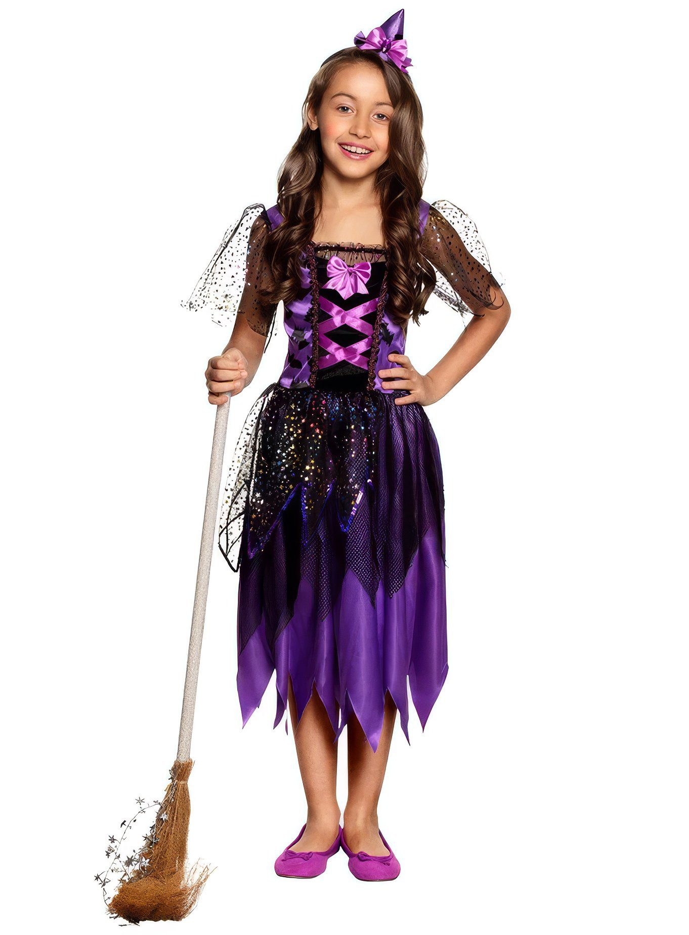Boland Hexen-Kostüm Lila Glitzerhexe - Halloween Kostüm Kinder Mädchen, Schönes Hexenkostüm für Kinder mit Glitzertüll