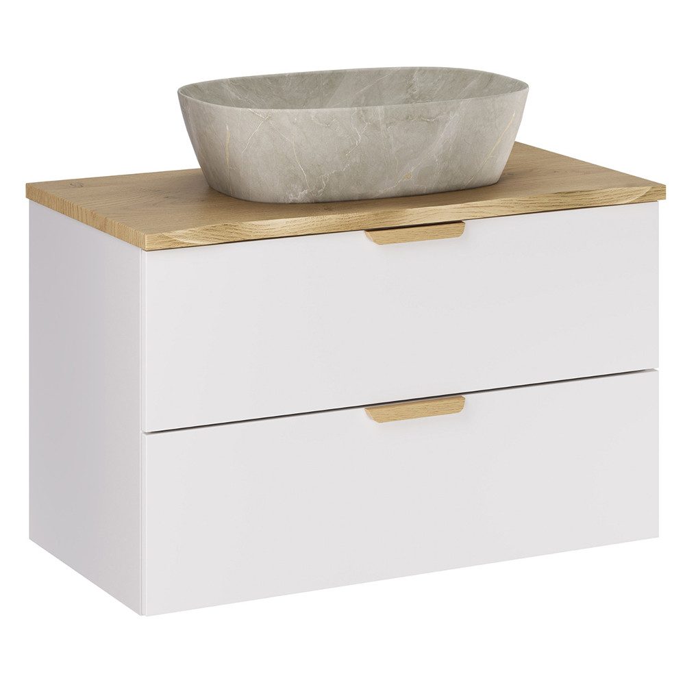 Lomadox Waschtisch ALASSIO-56, 80 cm breit in Weiß matt mit Eiche, 2 Schubladen, inkl. Waschbecken