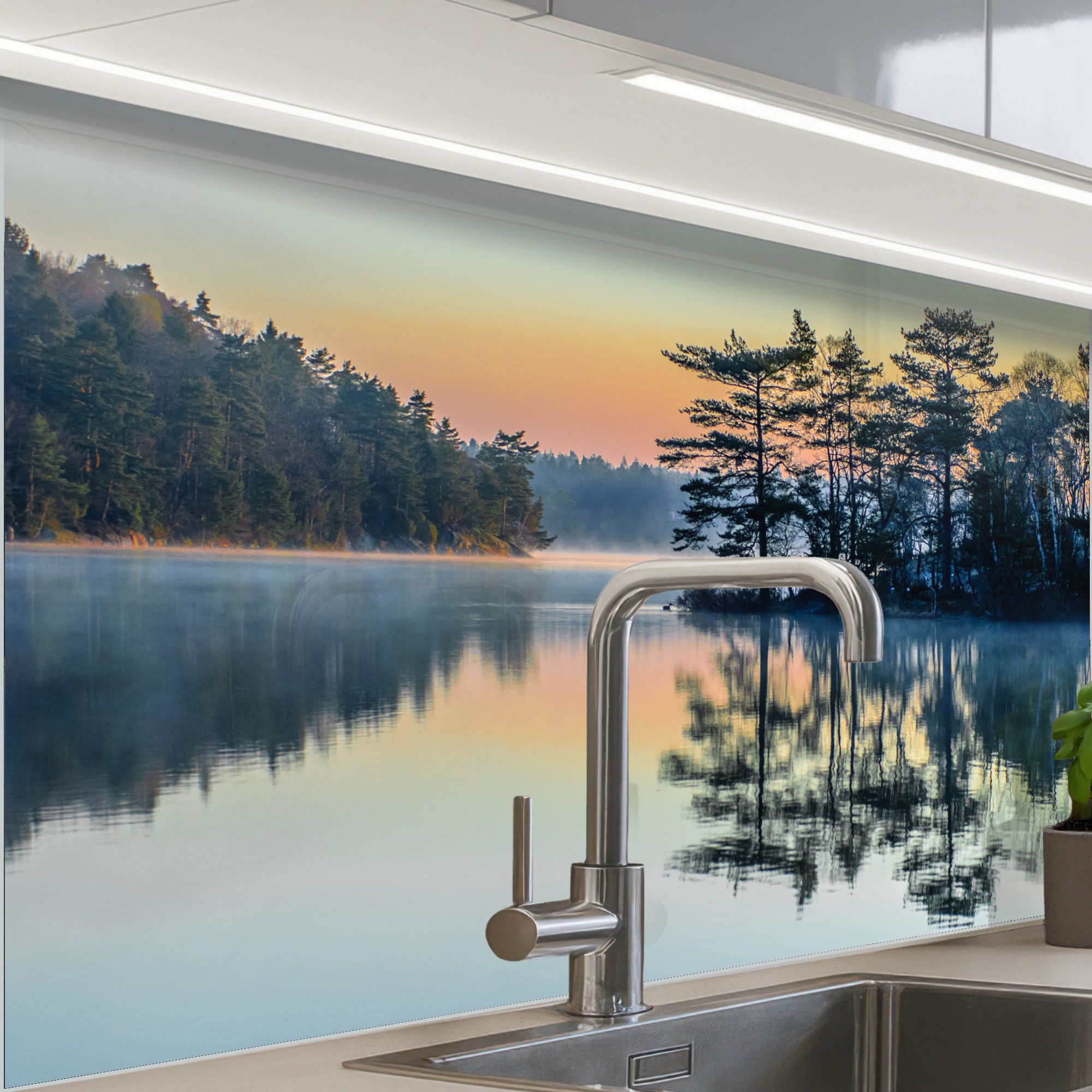 KitchenYeah Küchenrückwand Muster selbstklebend (keine Folie) Wasser - Bäume - Natur - Landschaft, (1-tlg), Spritzschutz, Küche, Rückwand, Küchenwand, Küchenfront, 30x20 cm