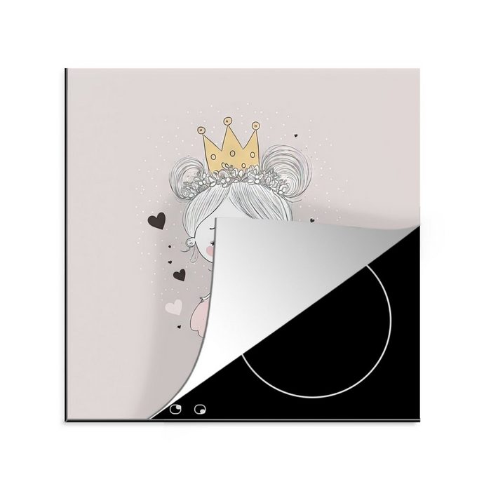 MuchoWow Herdblende-/Abdeckplatte Prinzessin - Mädchen - Herzen - Krone - Rosa Vinyl (1 tlg) Ceranfeldabdeckung Arbeitsplatte für küche