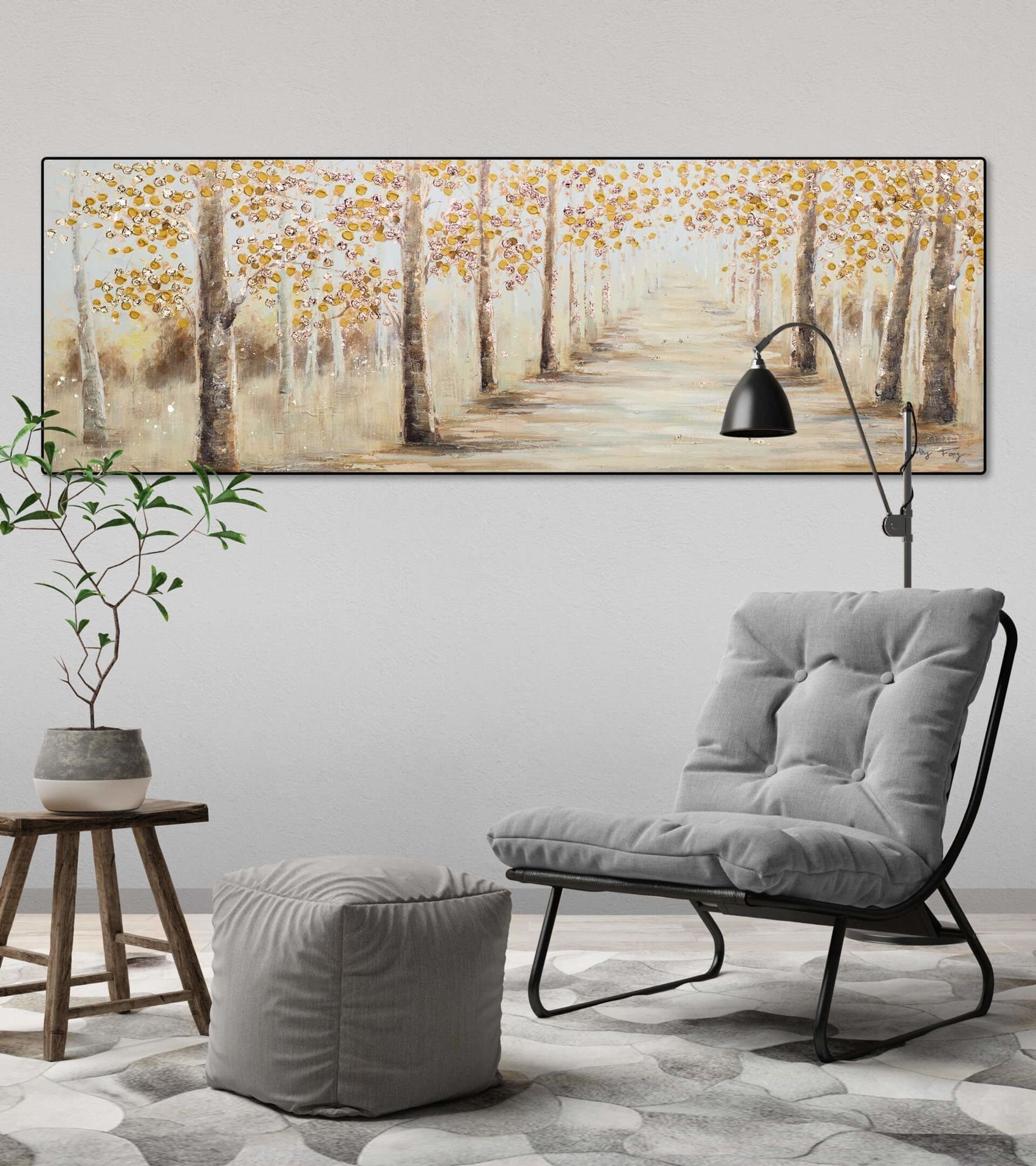 100% HANDGEMALT Wandbild Leinwandbild 150x50 KUNSTLOFT cm, Wohnzimmer Herbstallee Gemälde