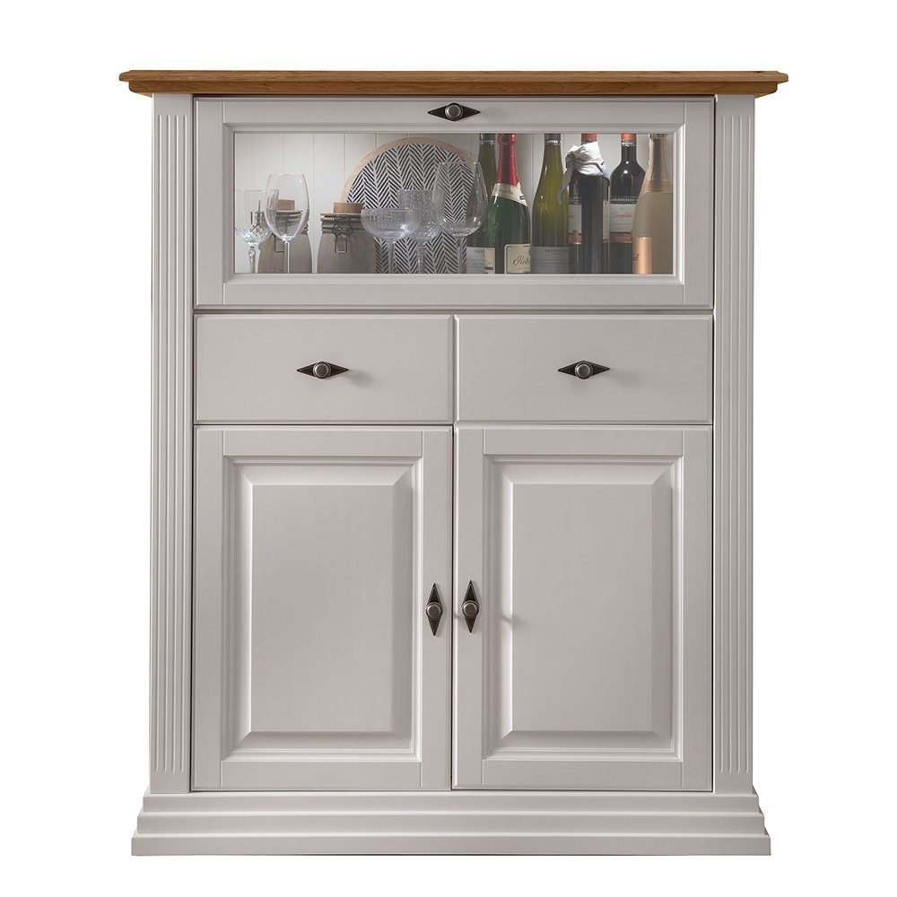 Lomadox Highboard ESBJERG-69, Kiefer weiß lackiert mit Eiche geölt, Landhausstil, inkl. Beleuchtung