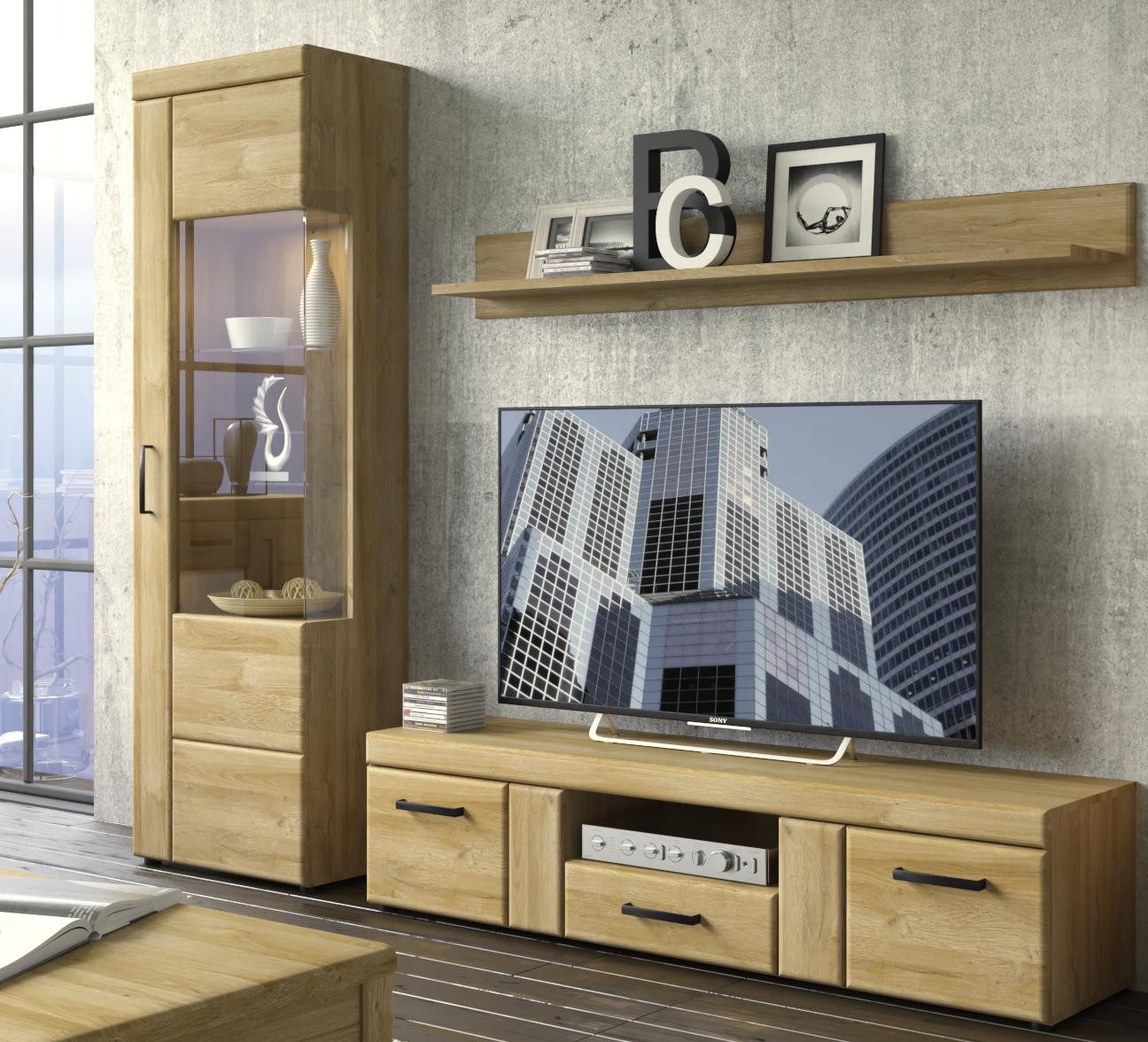 freiraum Wohnwand Cortina, (3-teilig), (3-teilig) in Grandson Eiche Dekor - 215x195x41 (BxHxT)
