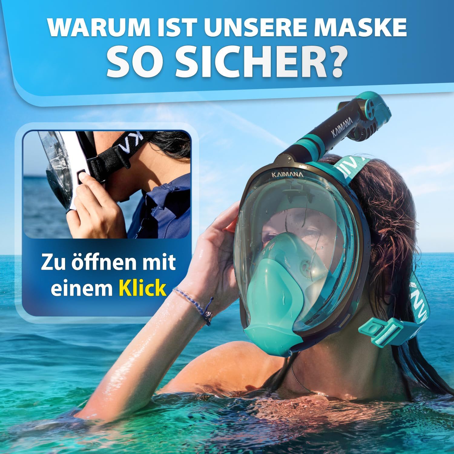 KAIMANA Tauchermaske NEUHEIT- Schnorchelmaske für Erwachsene inkl. Tragetasche, (Vollgesichtsmaske Tauchmaske), geprüfte CO₂ Sicherheit - Tauchermaske Erwachsene