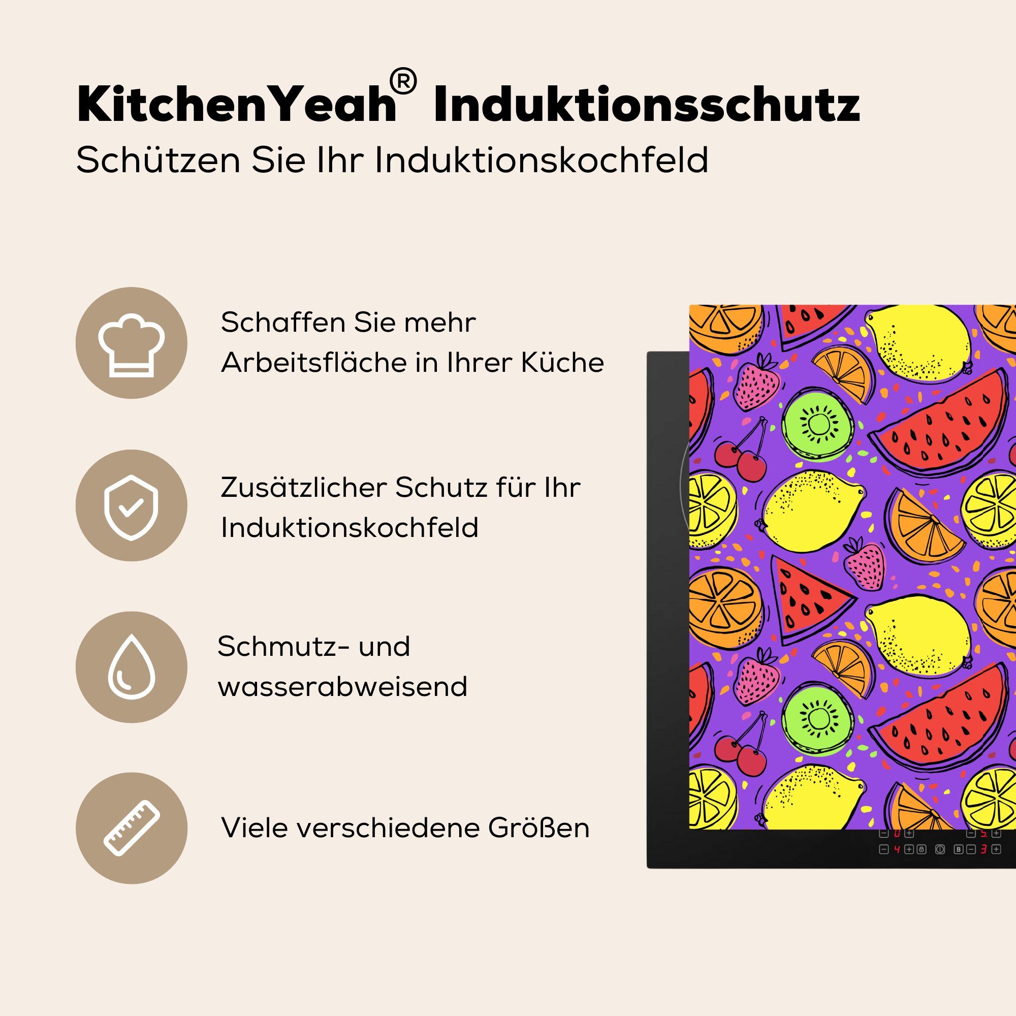 Farben Vinyl, MuchoWow - küche Lila, - Herdblende-/Abdeckplatte Ceranfeldabdeckung, Arbeitsplatte Zitrone cm, für (1 tlg), 78x78