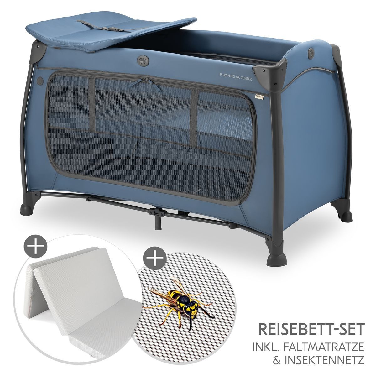Hauck Baby-Reisebett Play N Relax Center Set - Dark Blue, Babyreisebett mit Matratze, Insektenschutz, Wickelauflage & Einhang