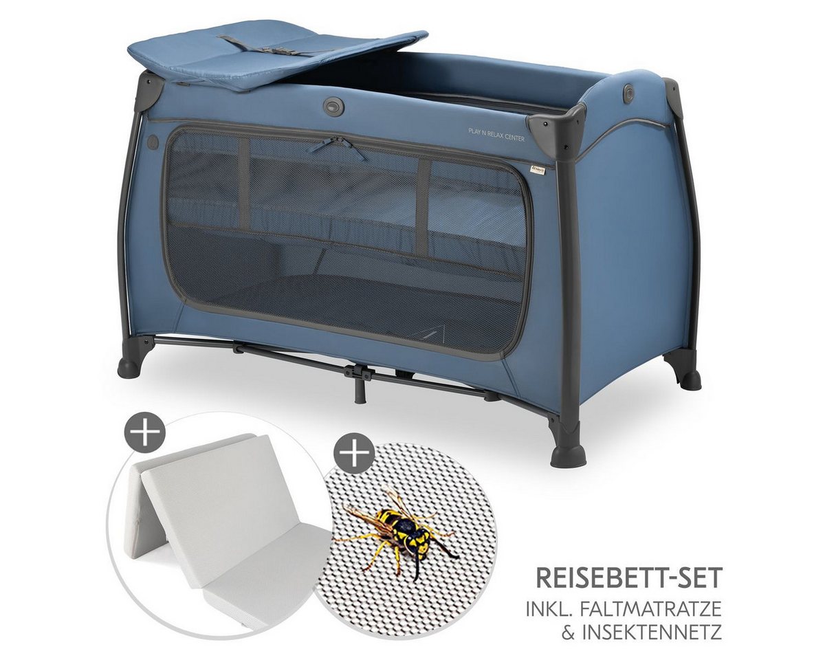 Hauck Baby-Reisebett Play N Relax Center Set - Dark Blue, Babyreisebett mit Matratze, Insektenschutz, Wickelauflage & Einhang