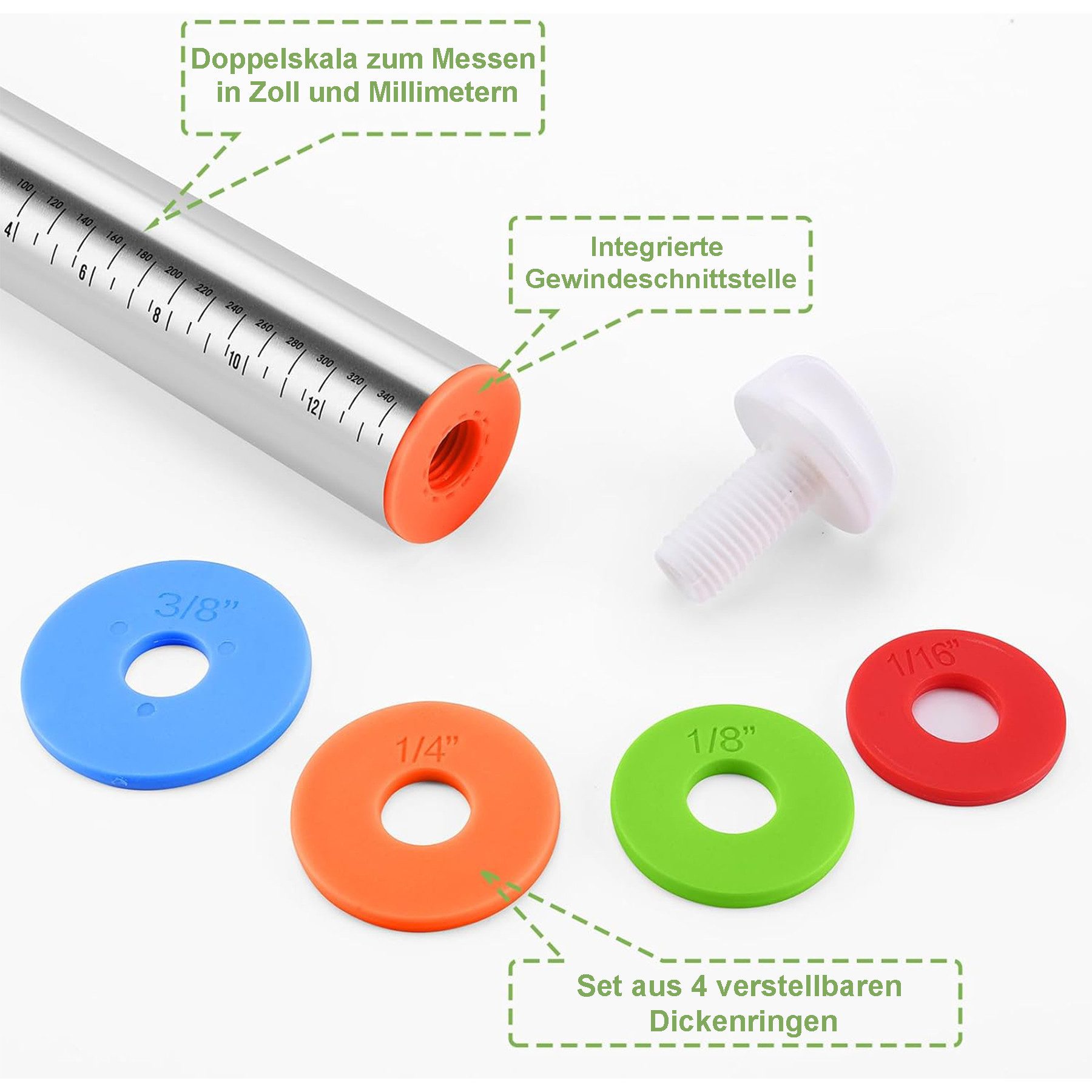 Keyura Teigroller Nudelholz Edelstahl 45*7cm,Dicke verstellbar,antihaft, (für Teig, Fondant, Pizza, Cookie, Gebäck, Teig, Antihaft Teigrolle Backzubehör mit Dicke-Verstellbares Ringe), Tolles Geschenk zu Weihnachten, Geburtstag, Einweihung oder Muttertag