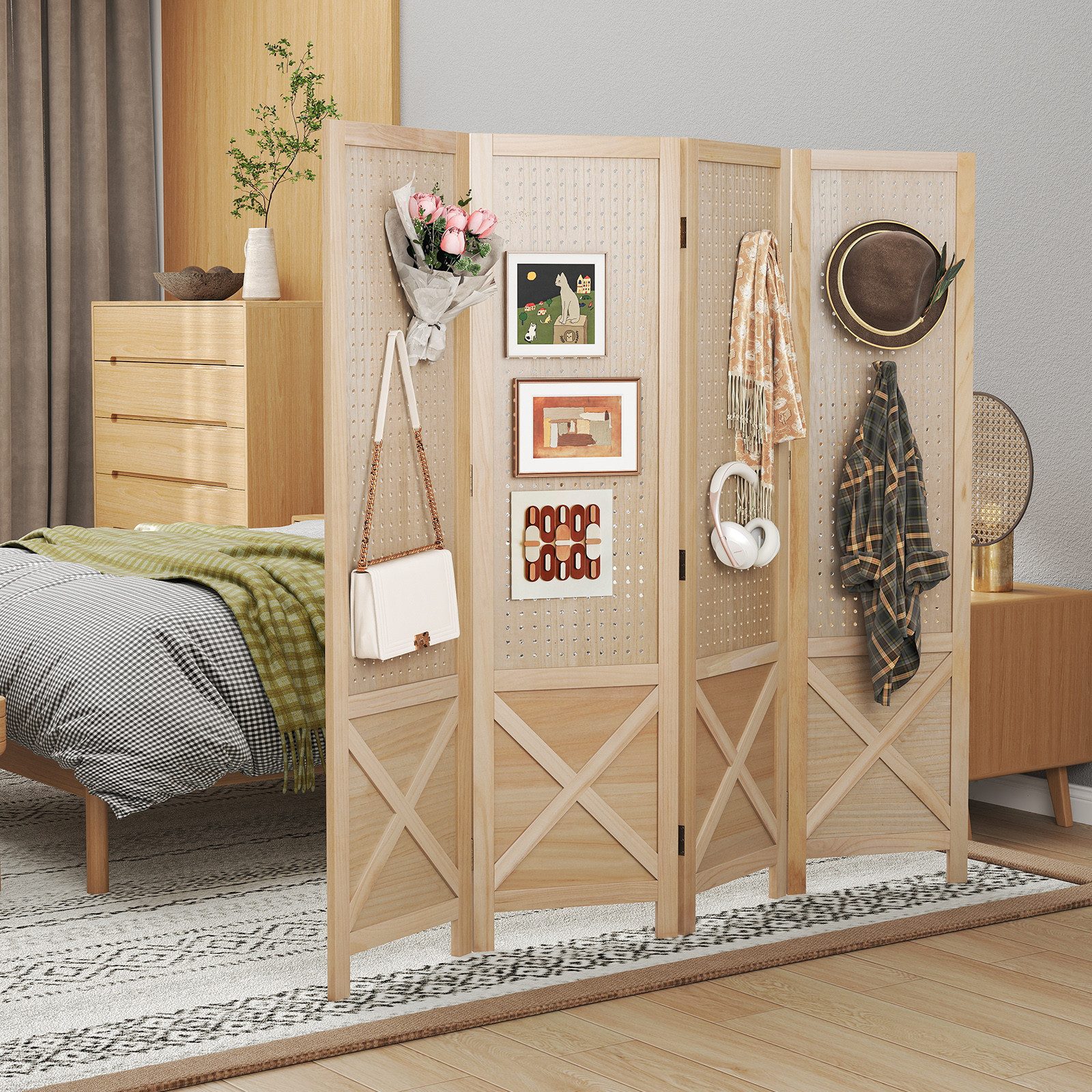 COSTWAY Paravent, 4 tlg. Raumteiler mit Stecktafel, klappbar 153,5x144cm günstig online kaufen