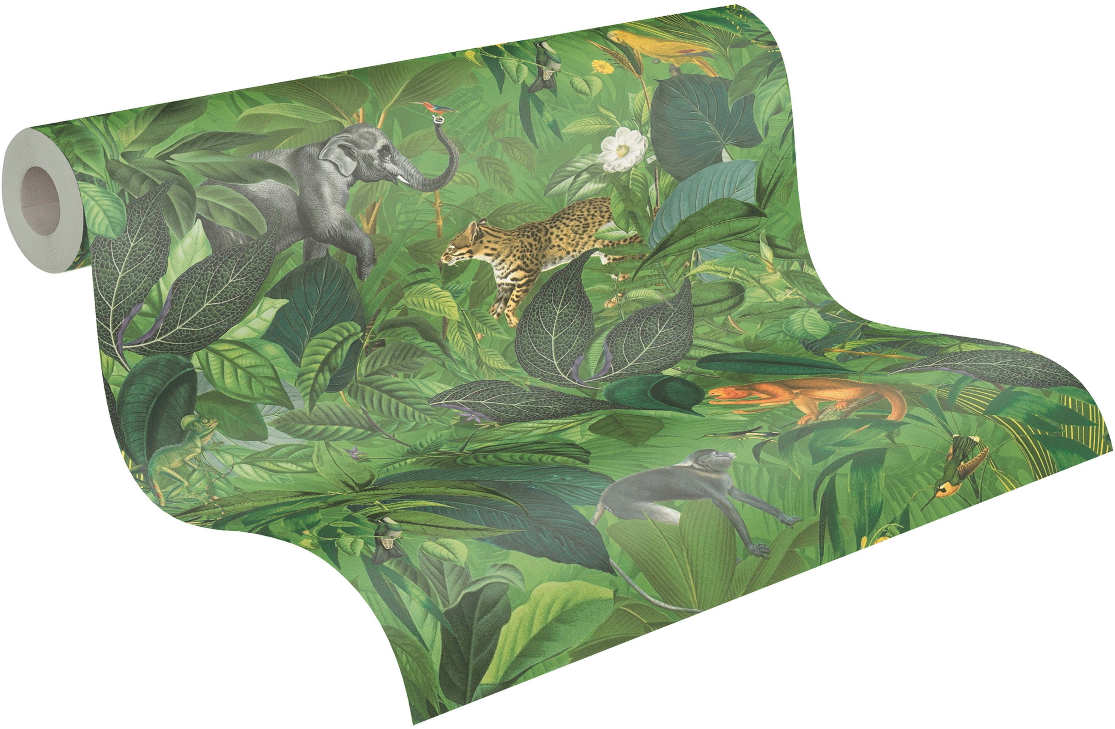 A.S. Création Vliestapete PintWalls Dschungel mit Tieren, glatt, matt, (1 St), Blätter Elefant Tieger Affen grün/braun/grau