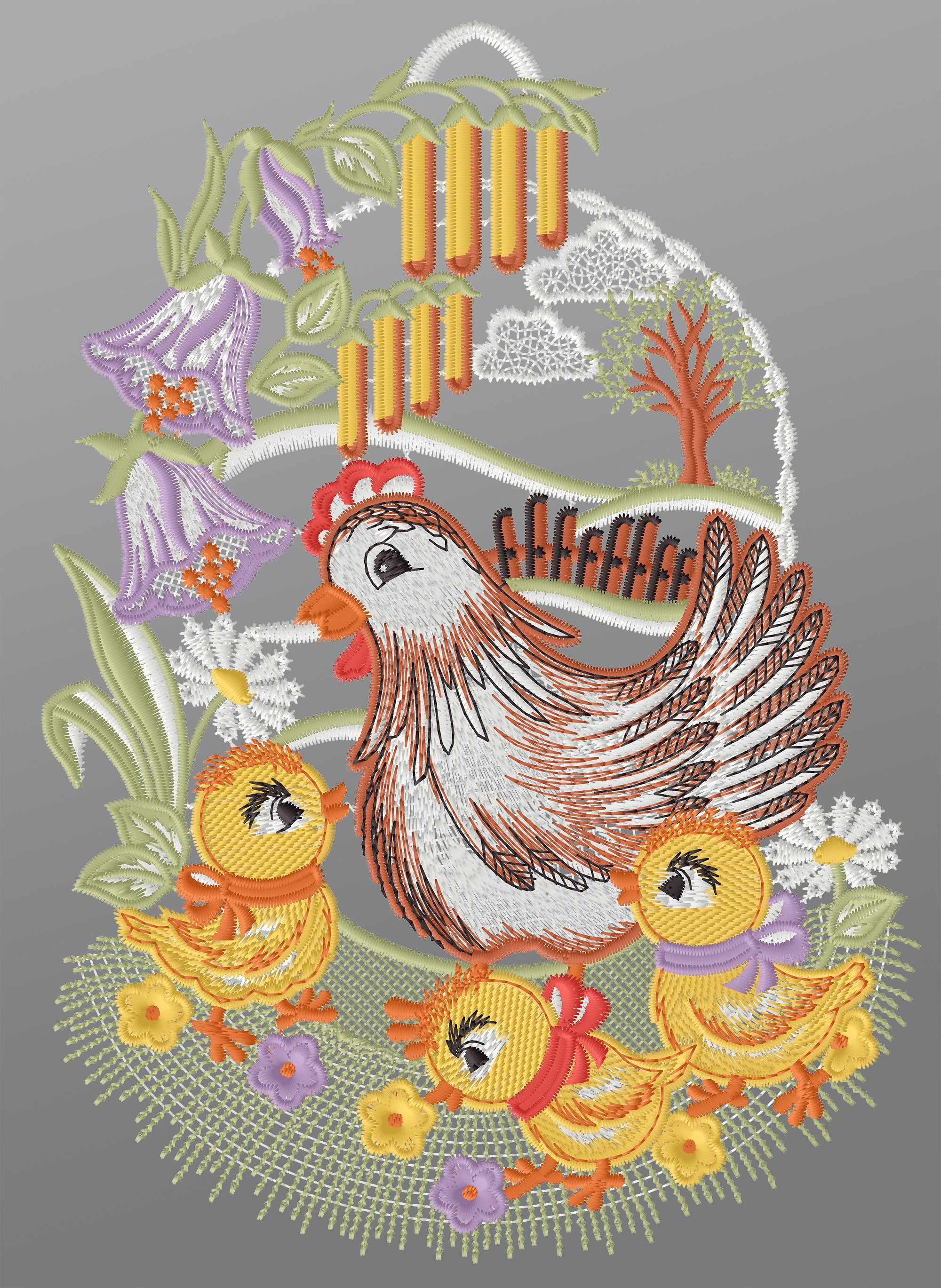 Plauener Spitze® Fensterbild Hühnerfamilie, HxB 28x20cm günstig online kaufen