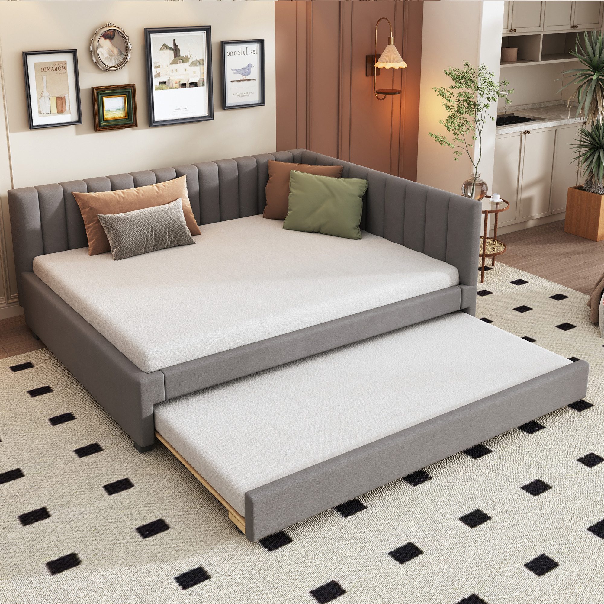 MODFU Schlafsofa Jugendbett Sofabett, Polsterbett – Ausziehbares Schlafsofa mit Lattenrost, Multifunktional für Jugendzimmer, Kinderzimmer & Gästezimmer, Samtstoff, Komfort & Stabilität., ohne Matratze