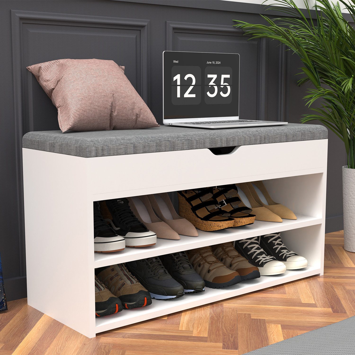 oyajia Schuhbank Schuhregal mit gepolstertem Kissen, Schuhorganizer mit 2 Ebenen (vielseitig nutzbar, Mit 2 offenen Fächern, 1 Stauraumfach und 1 gepolsterten Sitzauflage, B 80 x H 44 x T 30 cm), mit Klappdeckel, für 8 Paare, kratzfeste Oberfläche, bis 150 kg
