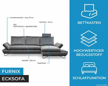 Furnix Ecksofa Loffi Polsterecke mit Schlaffunktion verstellbaren Arm- u. Kopfstützen, Schlaffunktion, Bettkasten, Ablage, Design & Wohlgefühl