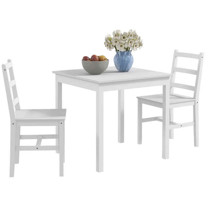 HOMCOM Essgruppe Küchentisch-Set für 2 Personen, Tischgruppe, (Esszimmergruppe, 1-tlg., Esstisch mit 2 Stühle), für Küche, Esszimmer, Kiefernholz, Weiß