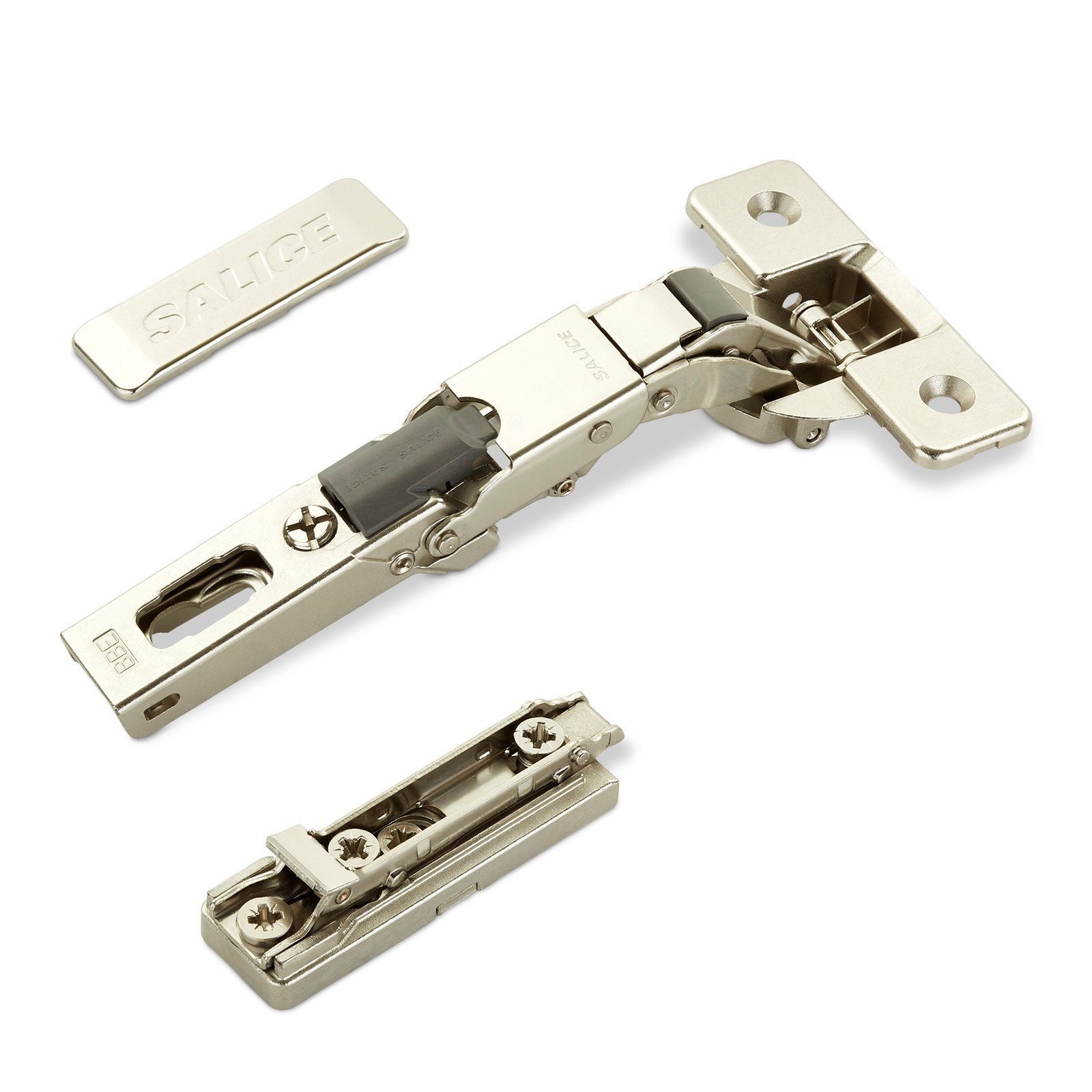 Salice Möbelbeschlag 2er Set Salice Universalscharnier 110° Bohrbild T45-T52 Push-Open (2 St), mit Negativfeder Nickel matt + MPL + Scharnierarmabdeckung
