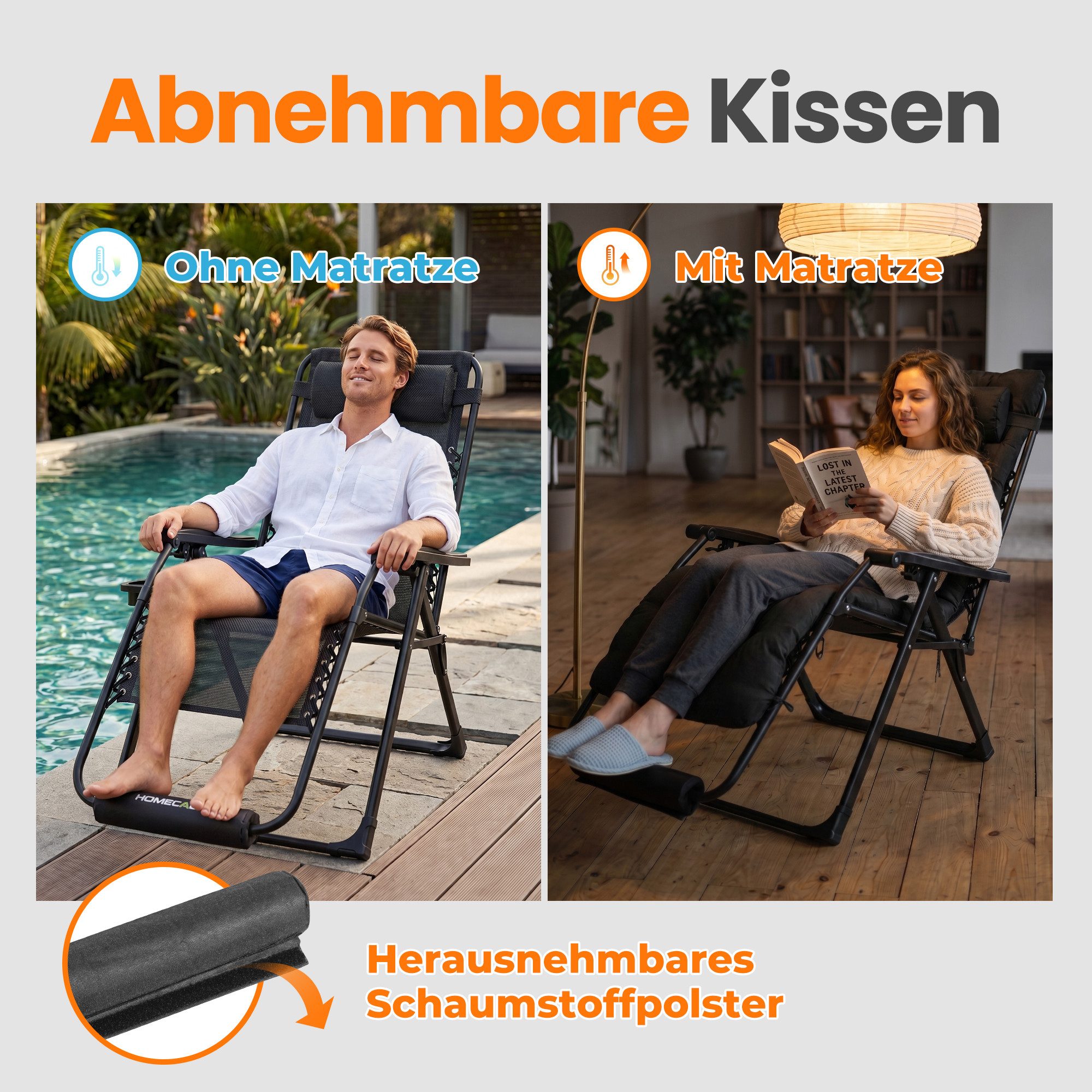 HOMECALL Gartenliege Sonnenliege Klappbar, Liegestuhl mit Weiches Kissen,groß Campingstuhl, XXL Extra breiter Zero Gravity Stuhl, 1 St., bis 180 KG, für Garten  – Bild 5 von 5