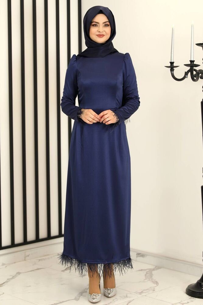 Modavitrini Satinkleid Damen Abendkleid Hijab Kleid Satin Abiye Abaya Modest Fashion Satin glänzend Navy Blau