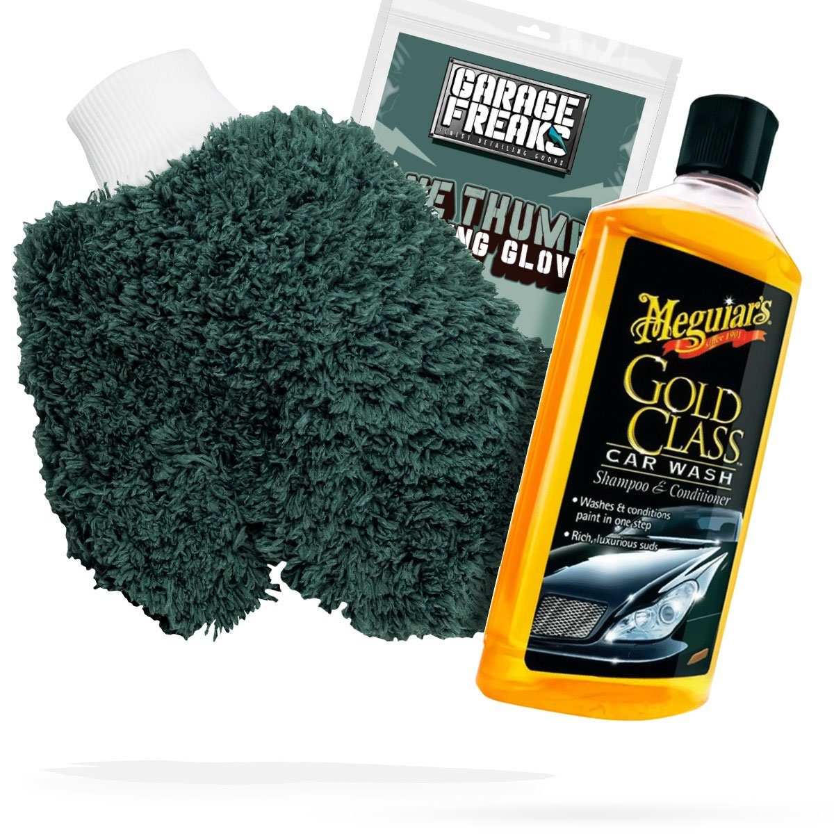detailmate Auto Waschhandschuh Waschset Garage Freaks + Autoshampoo Meguiars Gold Auto-Reinigungsmittel (Autowäsche - Reinigungs Set - Mikrofaser - Auto Reinigung)