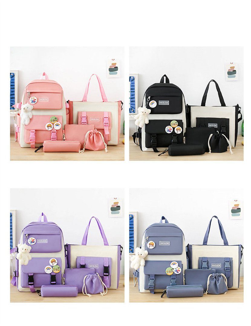 mit mit Rucksack-Set Handtasche, L.Ru Rucksack Federmäppchen, Rosa großem Schultaschen, Collegetasche Anhänger, Rucksack-Set, ästhetische Set süßes UG mit 5-teilig, Lunchtasche Geldbörse (Fünfteiliges Fassungsvermögen), Daypack