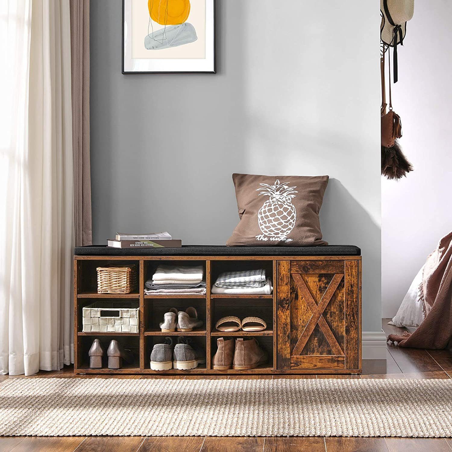 VASAGLE Schuhbank Aufbewahrungsschrank, Schuhregal, 110 x 30 x 48 cm, vintagebraun, mit 9 offenen Fächern und einem Schrank, mit Polsterung, rustikale Tür