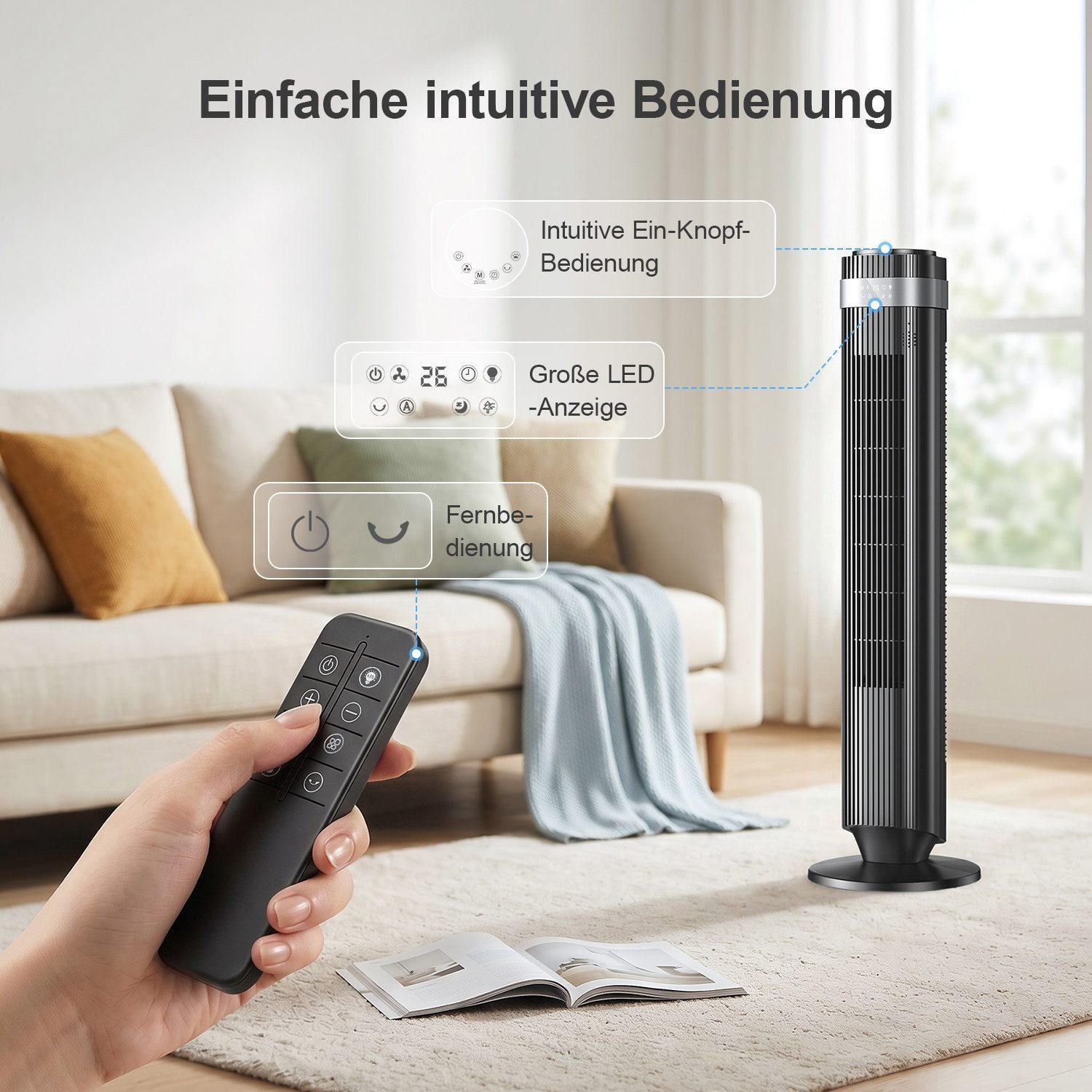 oyajia Turmventilator Ventilator leise 45° Oszillation,3 Geschwindigkeiten,6 Modi,12H Timer, Standventilator mit Fernbedienung, LED-Lichtleiste, für Zimmer, Büro