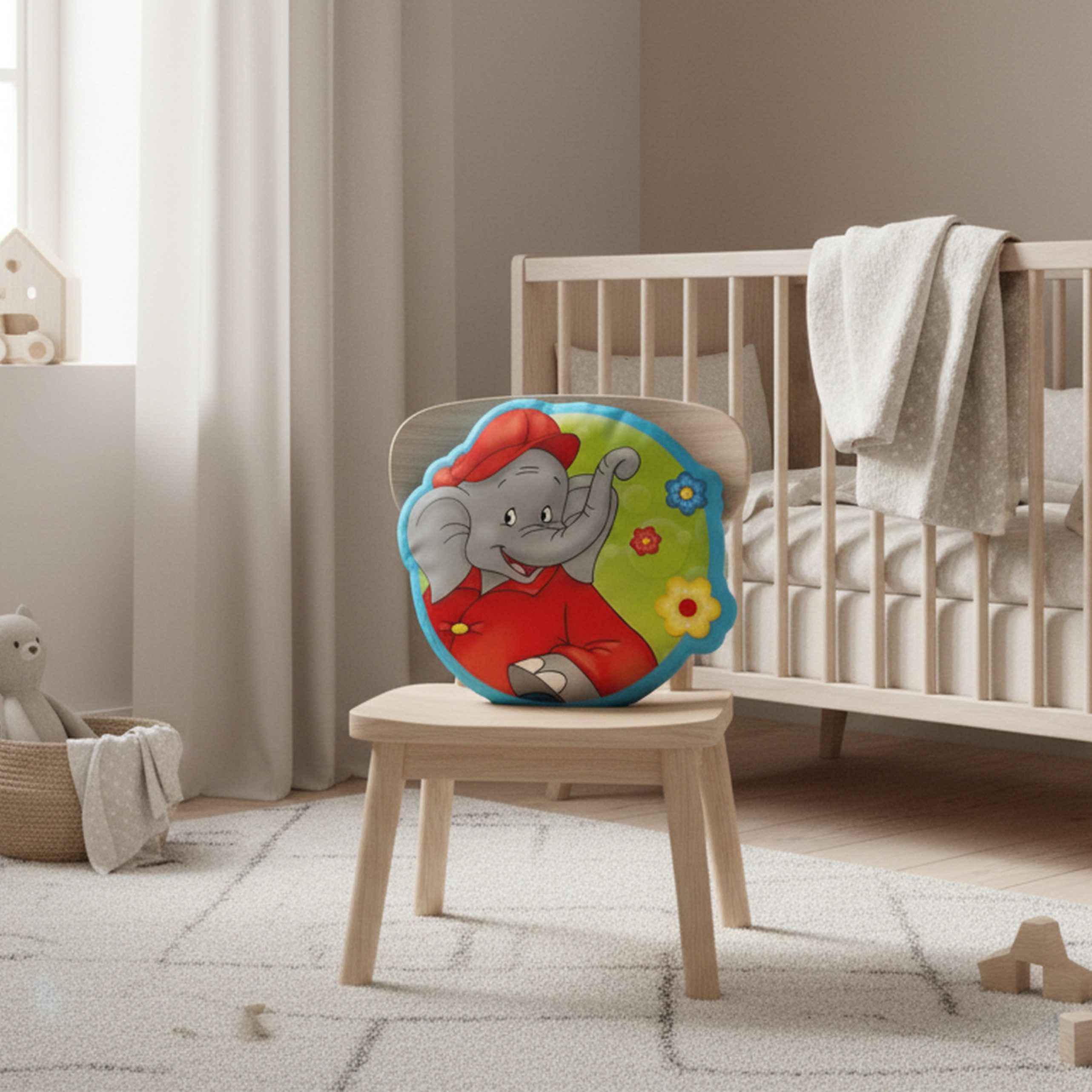 MTOnlinehandel Dekokissen Benjamin Blümchen 36x34 cm, weiches Kuschelkissen für kleine Fans, Fröhliches Motiv für Kinder – ideal zum Kuscheln und Spielen