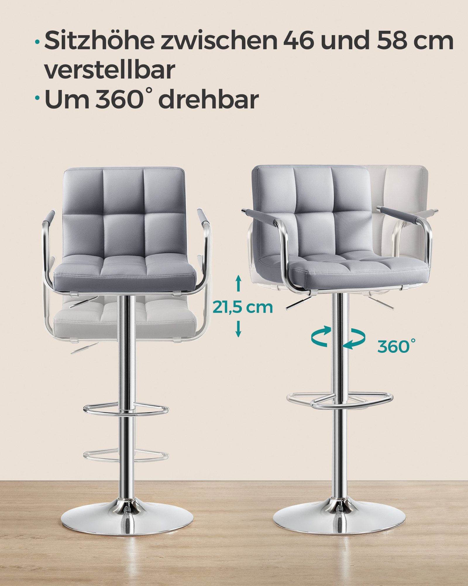 SONGMICS Barhocker 2er Set Barstuhl mit Kunstleder-Bezug (Set, 2 St., 2er), höhenverstellbar, 360° Drehstuhl, mit Armlehnen, verchromter Stahl – Bild 5 von 5