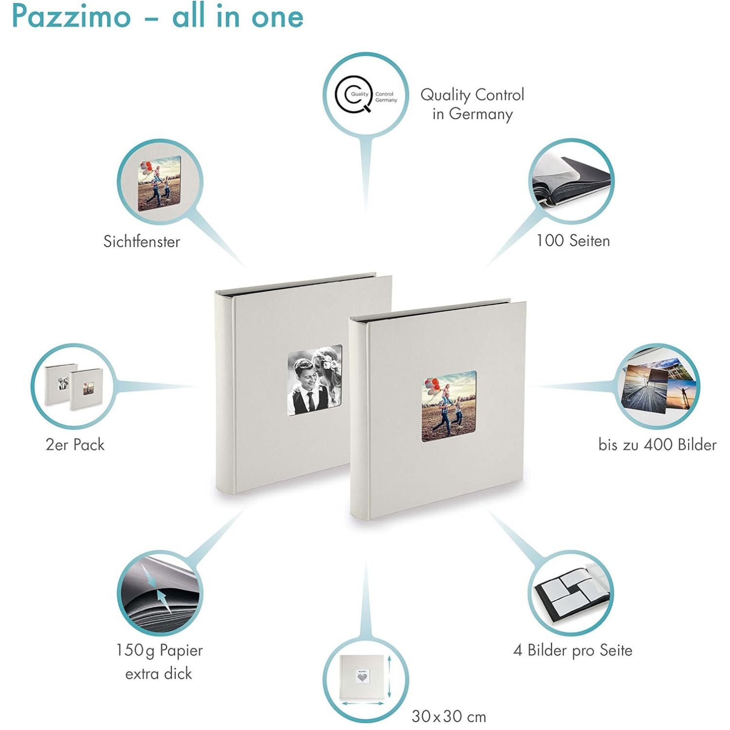 Pazzimo Fotoalbum Doppelpack Jumbo Foto-Album Foto-Buch Kreide, 2x Stück Set 100 Seiten 400 Bilder 10x15cm Buch-Format Fotos Einkleben