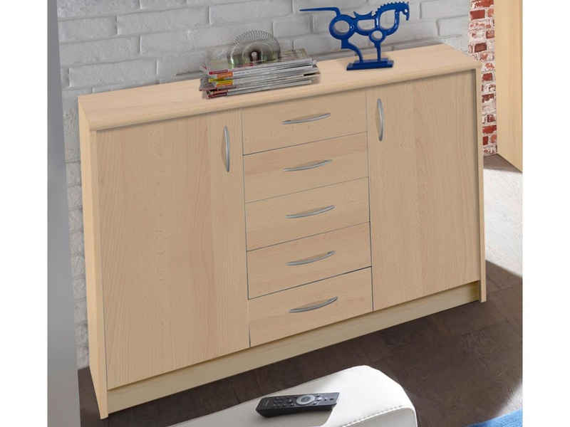 möbelando Kommode Olli, Moderne Kommode aus Spanplatte in Buche Nachbildung mit 2 Holztüren, 5 Schubkästen und 4 Einlegeböden. Breite 109 cm, Höhe 86 cm, Tiefe 35 cm