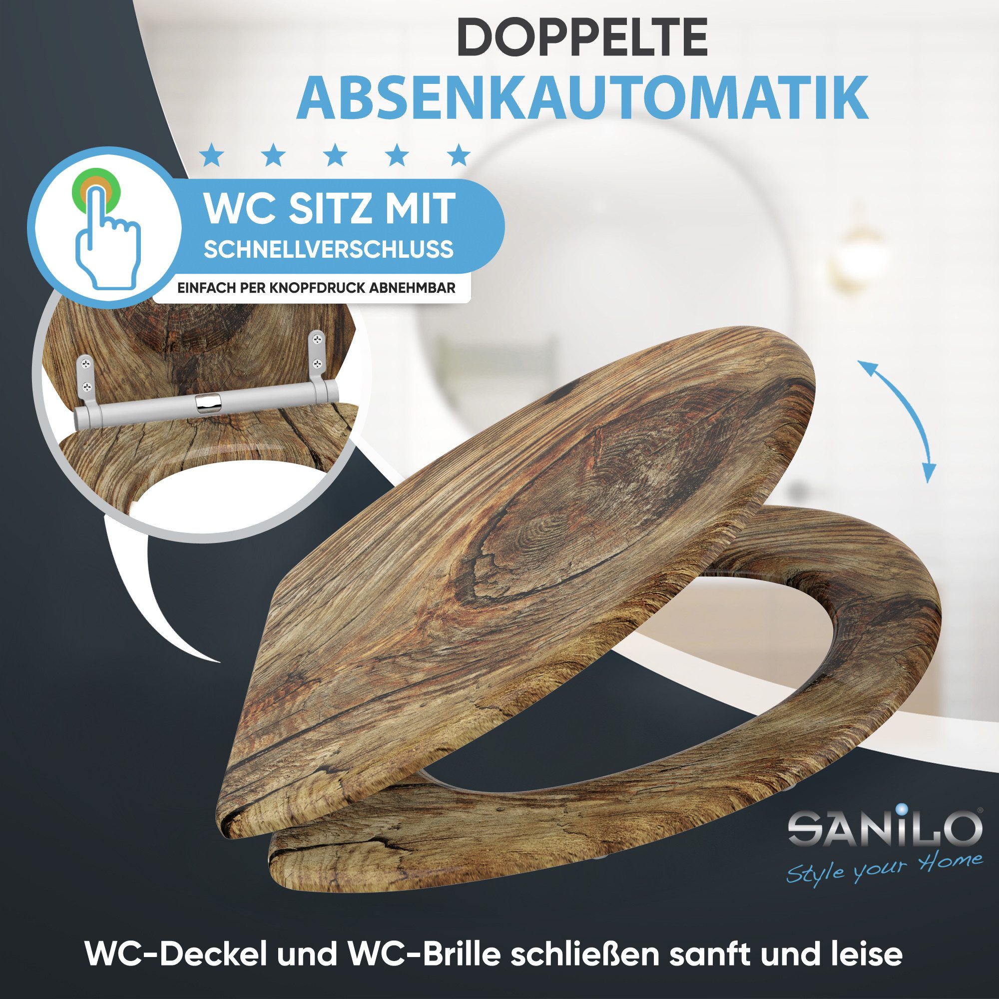 Sanilo WC-Sitz Rustikal mit Absenkautomatik & Quick Release, Premium Toilettendeckel, abnehmbar, leichte Montage von oben