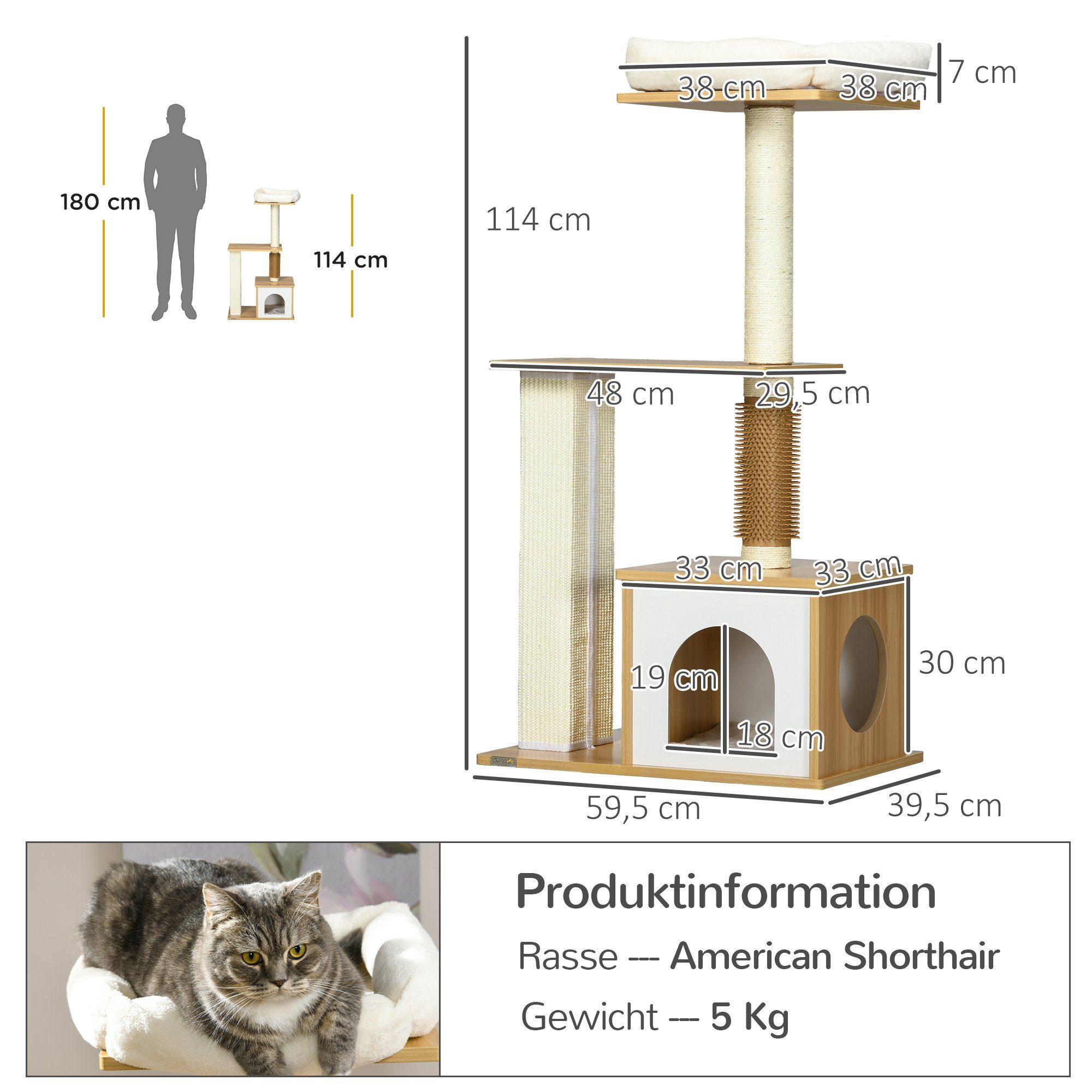 PawHut Kratzbaum 114 cm hoch, Katzenbaum, mehrstöckiger Katzenkratzbaum mit Katzenhöhle, Eiche