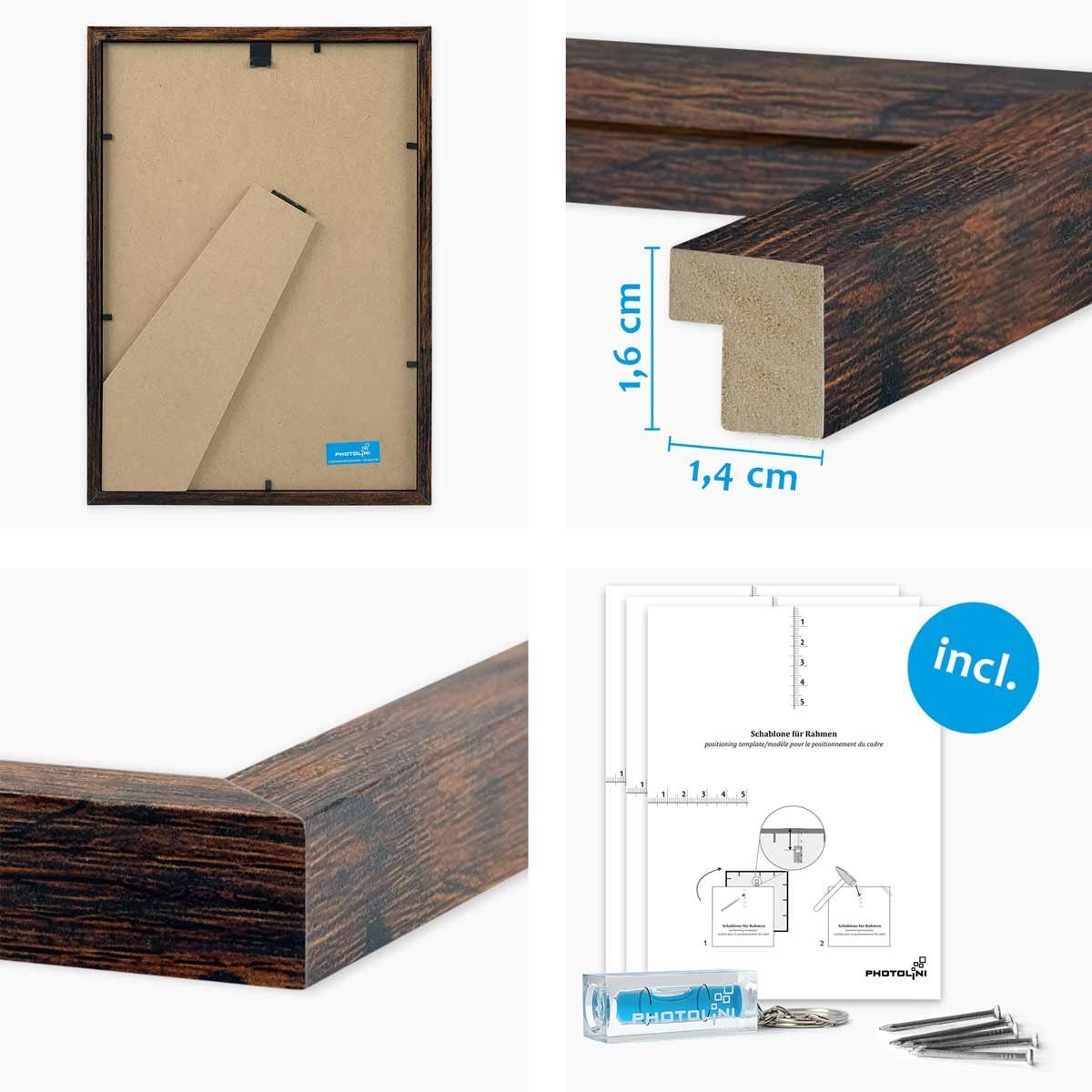 PHOTOLINI Bilderrahmen 4er Set 21x30 cm / DIN A4 Poster-Rahmen, zum Aufhängen & Aufstellen, für 4 Bilder (4er Set), MDF Holz, bruchsicheres Acrylglas & Zubehör, für Fotos & Poster