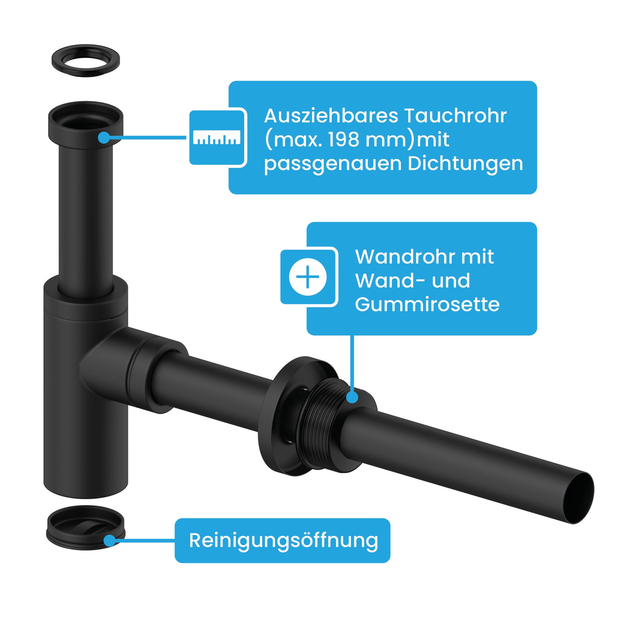 Bächlein Siphon Eleganter Waschbeckenablauf, (Hochwertiger Waschbeckensiphon, Matt Schwarz), Innovative Reinigungsöffnung, Universell einsetzbar