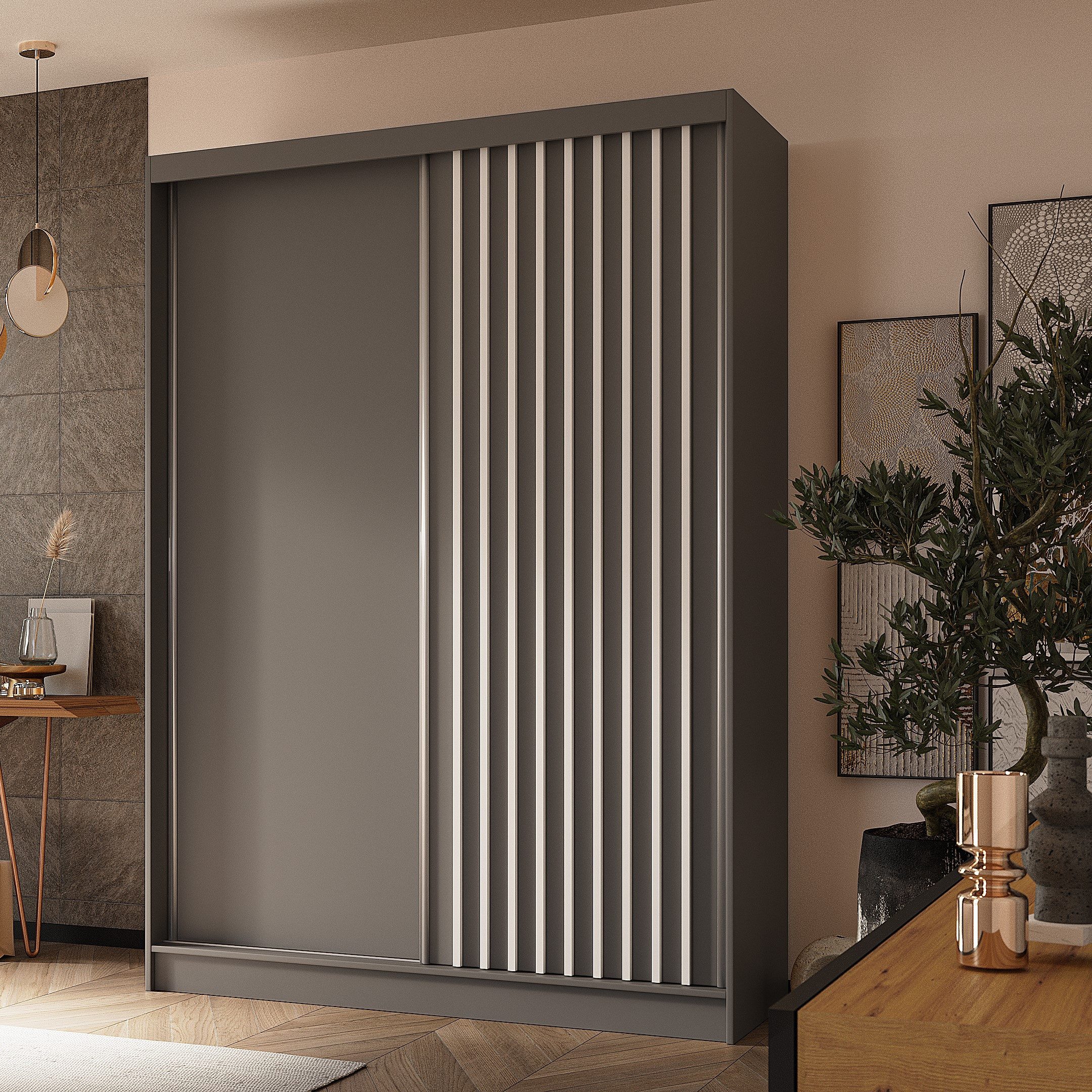 Masseno Schwebetürenschrank LAMELLO 150 cm Kleiderschrank 2 Türen Schlafzimmerschrank Grau
