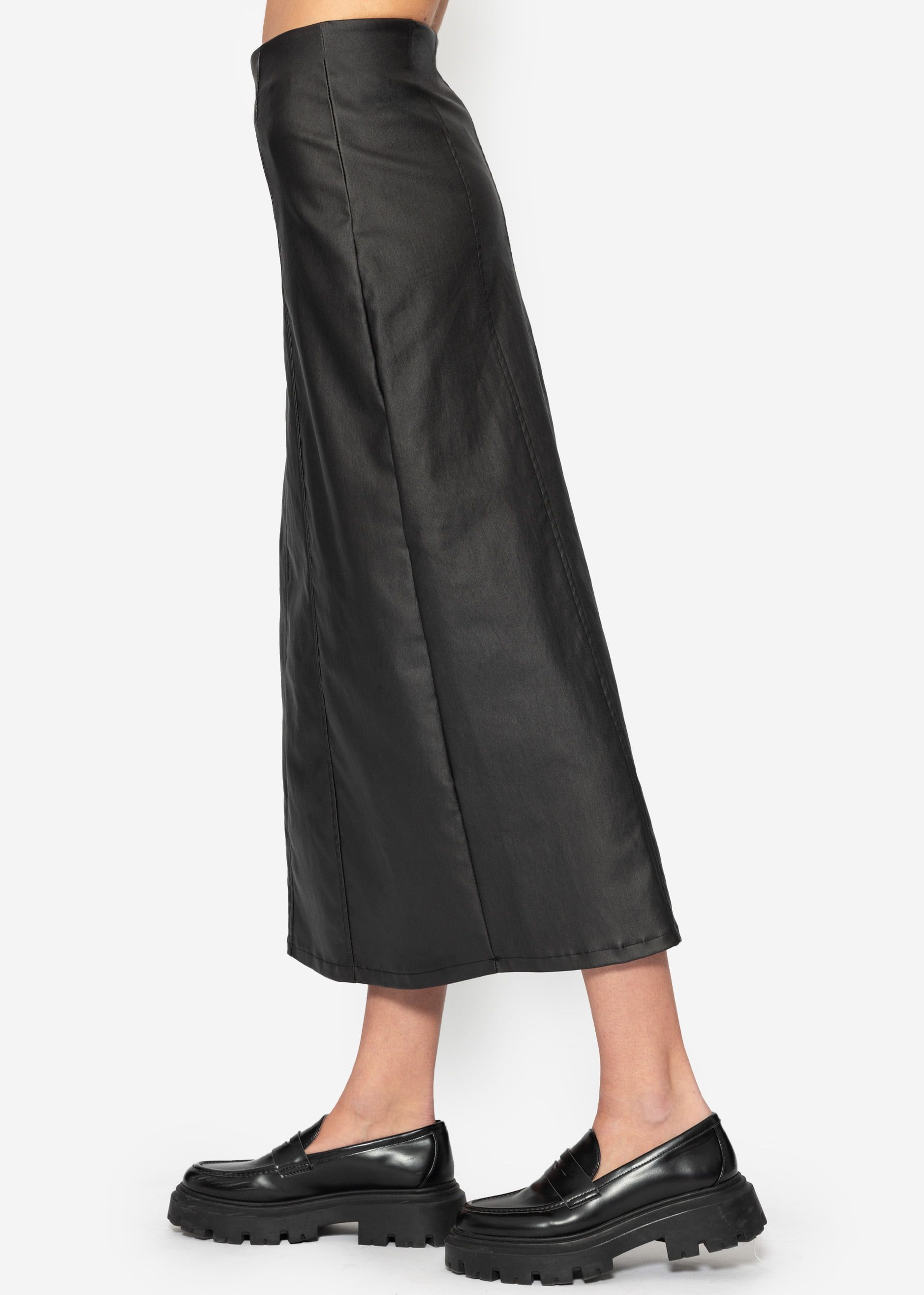 SASSYCLASSY Minirock Rock Damen aus Kunstleder mit Nahdetails Elegant Midirock lang in Leder-Optik mit Gummibund und Teilungsnähten Schwarz – Bild 5 von 5