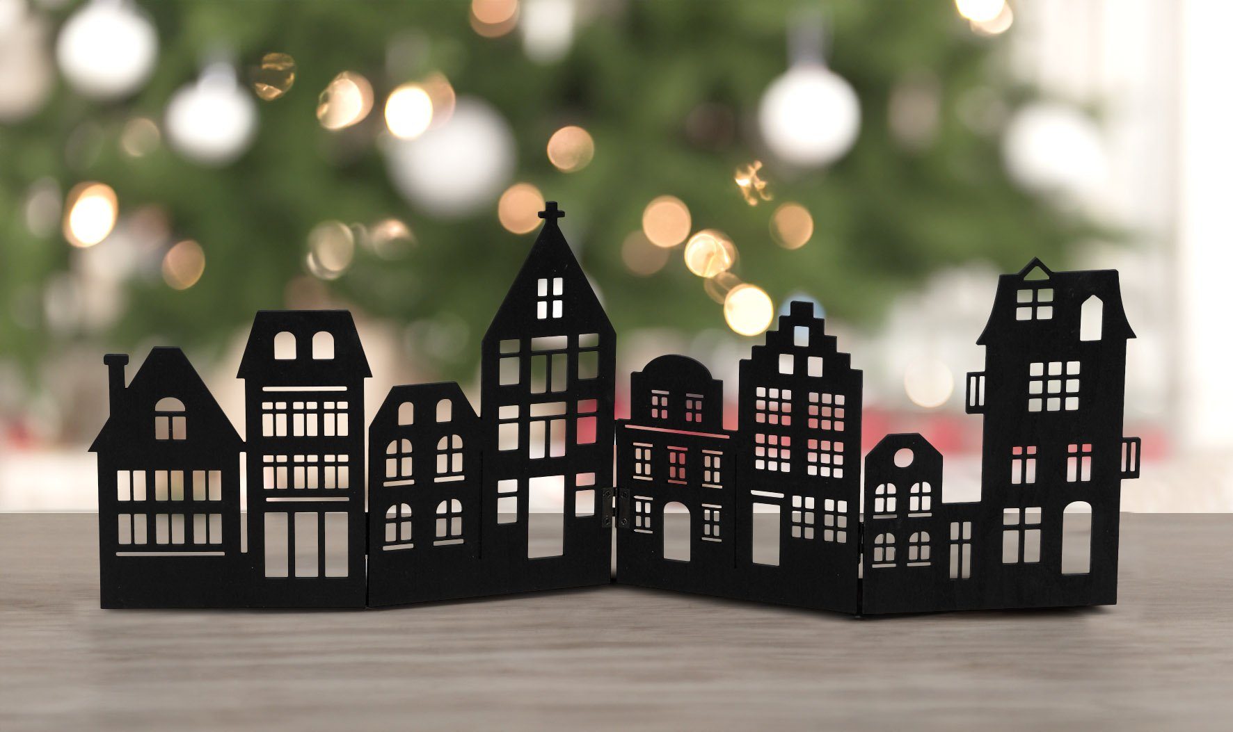 Spetebo Dekoobjekt Deko Holz Skyline klappbar 50 x 22 cm - schwarz (Packung, 1 St., 1tlg), Weihnachts Stadt Silhouette zur Tischdekoration