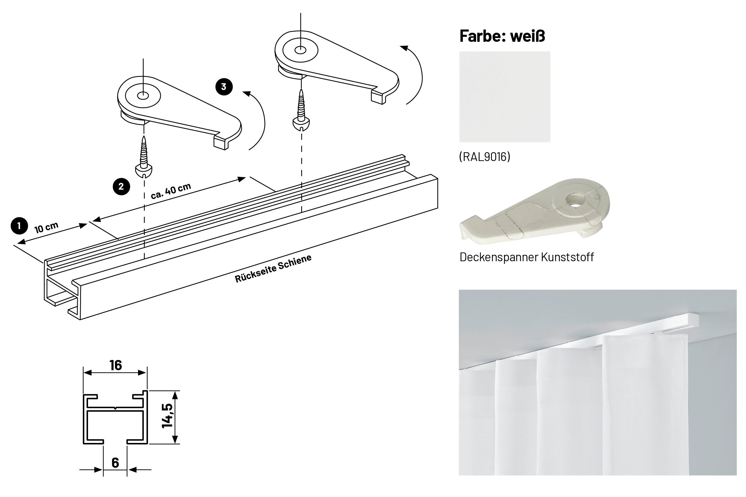 Deco-Raum Gardinenschiene Innenlauf Square eckig flach, 1-läufig, kürzbar, Wunschmaßlänge, Bohren, Deckenbefestigung, Aluminium, Flächenvorhang Schiene Innenlau – Bild 3 von 5