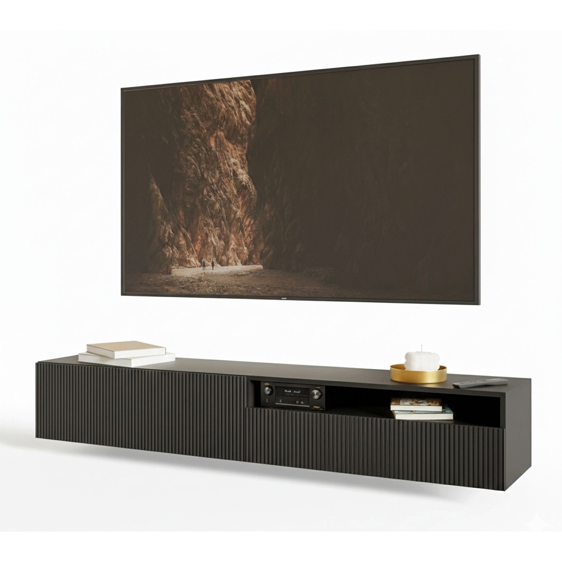 Selsey TV-Schrank VELDIO TV-Hängeboard Veldio 175 cm – Lowboard mit Riffel-Optik & offenem Fach
