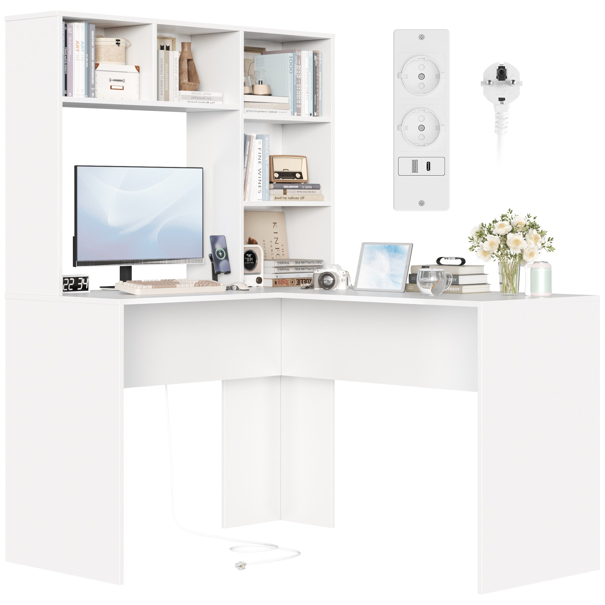Homfa Schreibtisch mit Steckdose, Eckschreibtisch L-förmig, Computertisch Bürotisch weiß 152cm