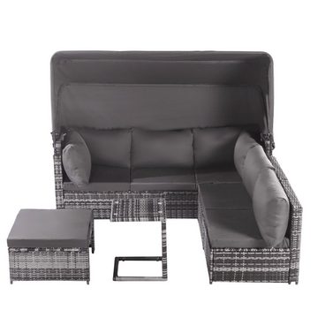 Merax Gartenlounge-Set Polyrattan mit aufklappbarem Sonnendach inkl. Kissen für 5 Personen, Gartenmöbel Set mit 3-Sitzer Sofa umbaubar