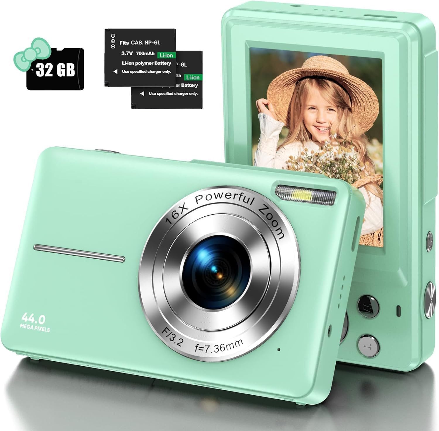 Vivitar Digitalkamera mit 32G Micro SD Karte, 1080P Kinderkamera 44MP HD Kinderkamera (inkl. 44MP HD mit 2,4“ LCD-Bildschirm 16X Digitalzoom und 2 Batterien, Beste Wahl für Anfänger, einfach zu bedienen und unterhaltsam)