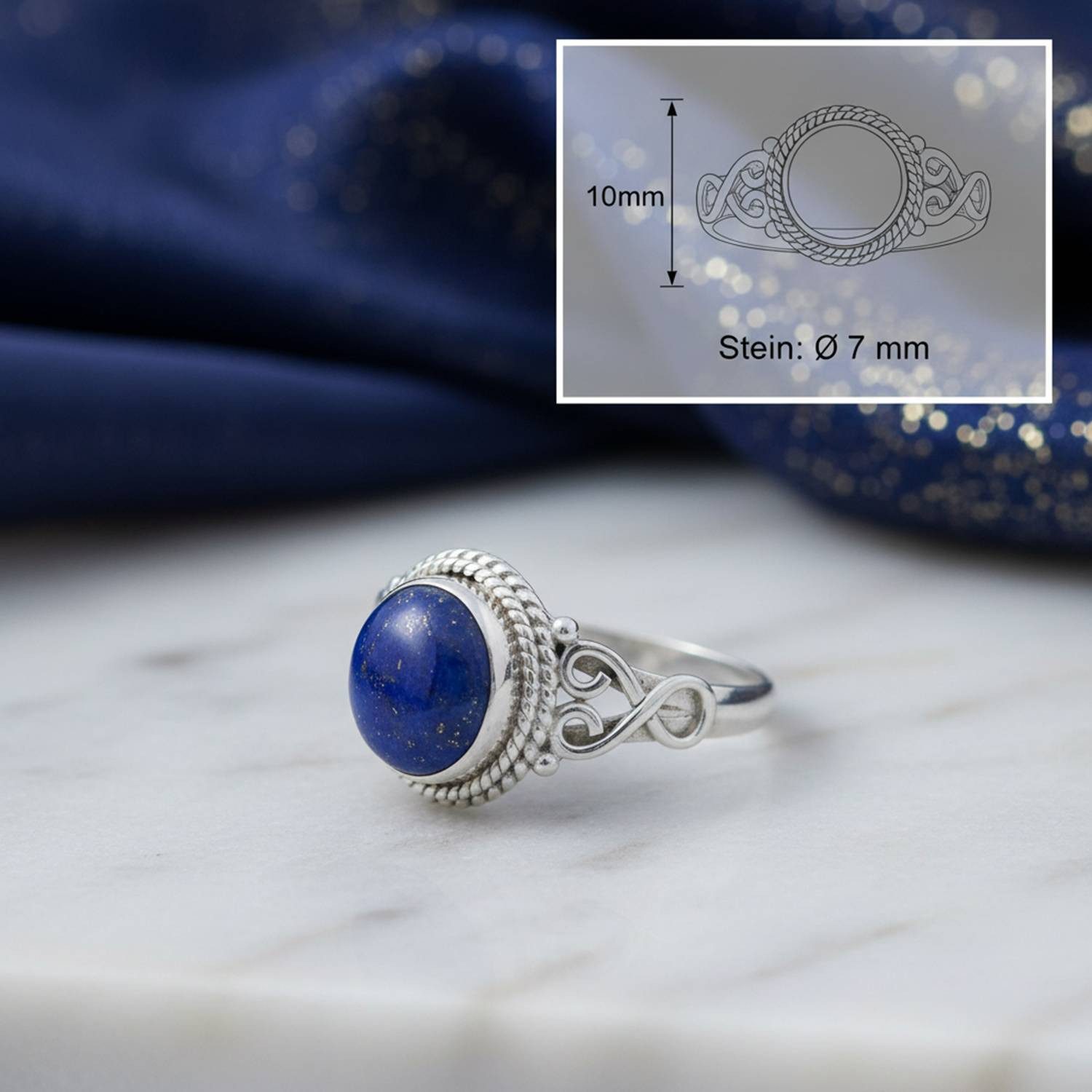 mantraroma Silberring BAGHIMI rund aus 925 Silber mit Lapis Lazuli (Ring mit Schmuckbeutel), Damenring aus 925er Silber – Bild 3 von 5